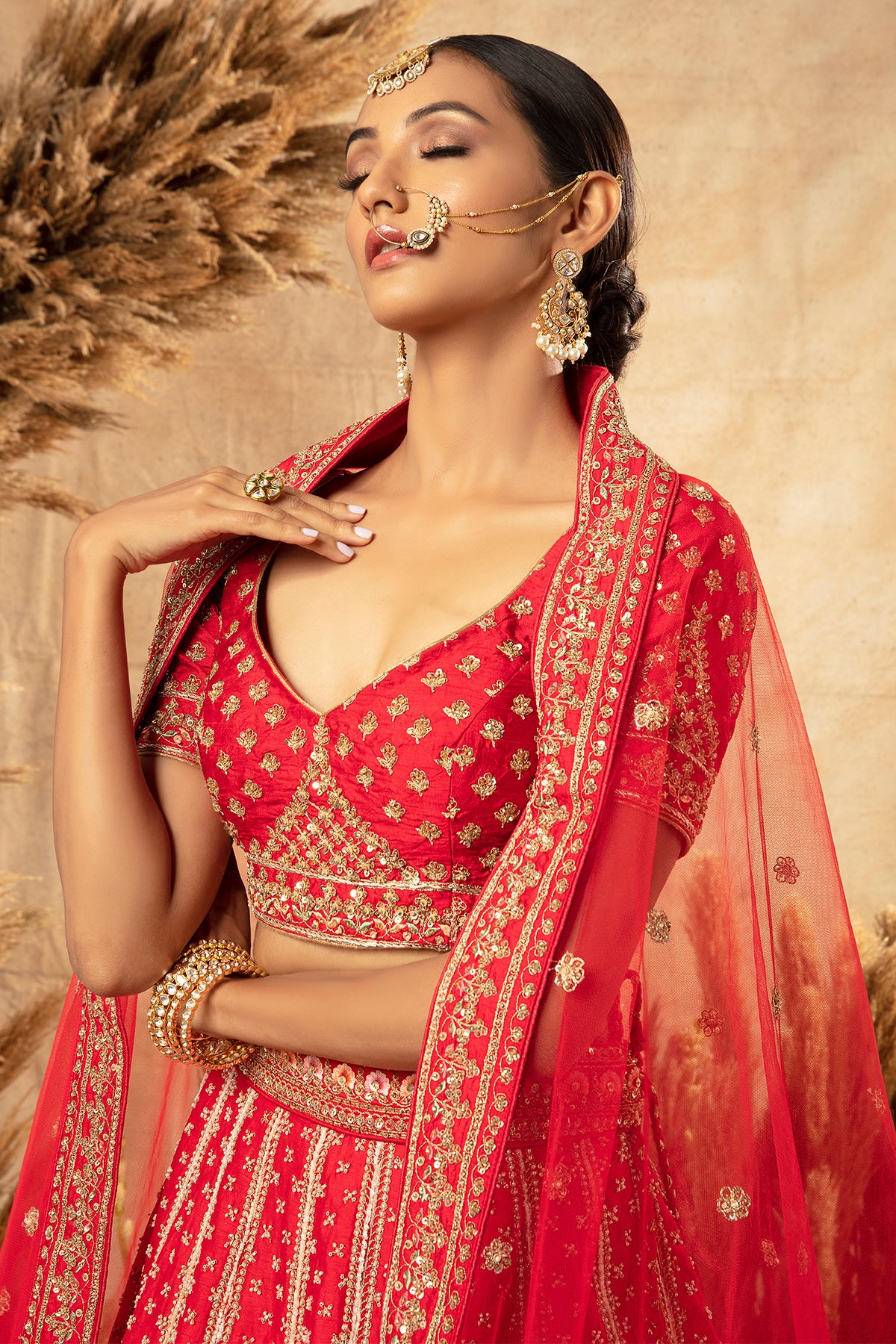Panihari--Chilly Red Embroidered Bridal Lehenga Set in Raw Silk