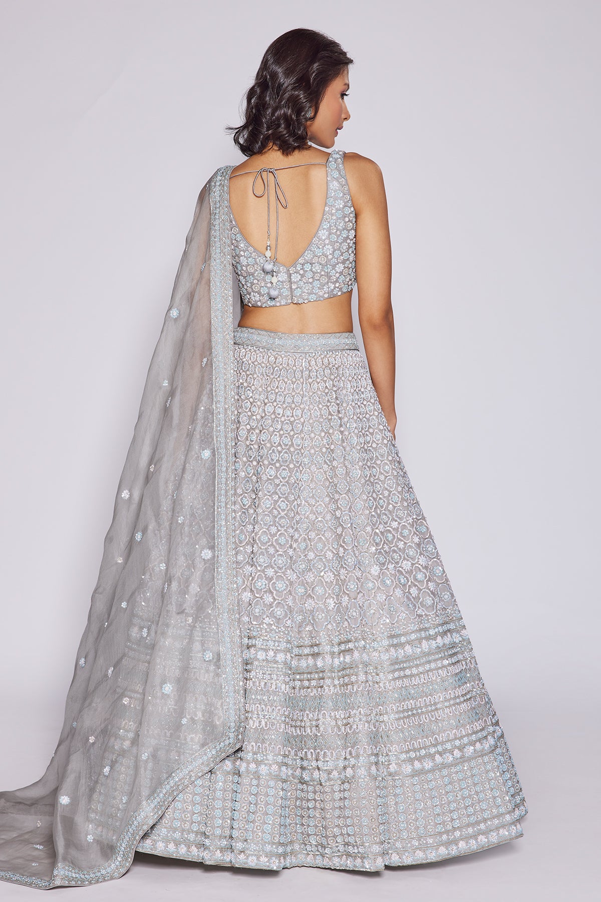 Panihari--Light Grey Hand Embroidered Lehenga Set in Organza