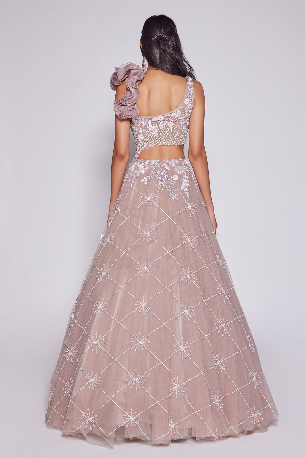 Panihari--Rosy Brown Embroidered Lehenga With---Blouse and One Side Ruffle Sleeve