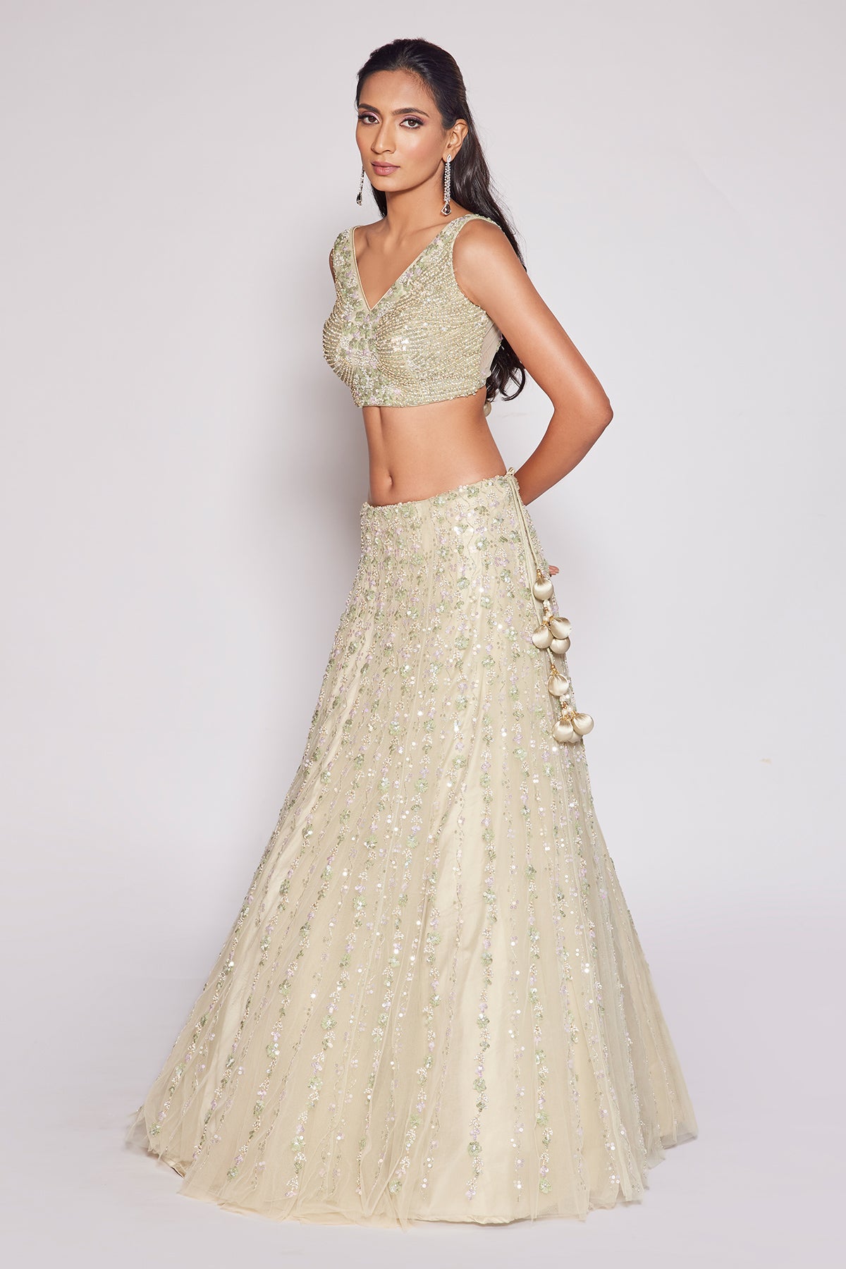 Panihari--Seafoam Green Embroidered Lehenga Set in Net