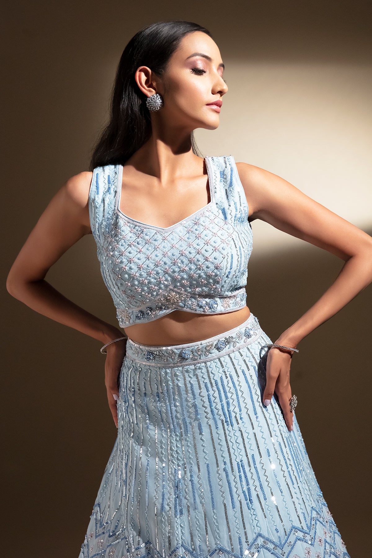Panihari--Sky Blue Hand Embroidered Lehenga Set