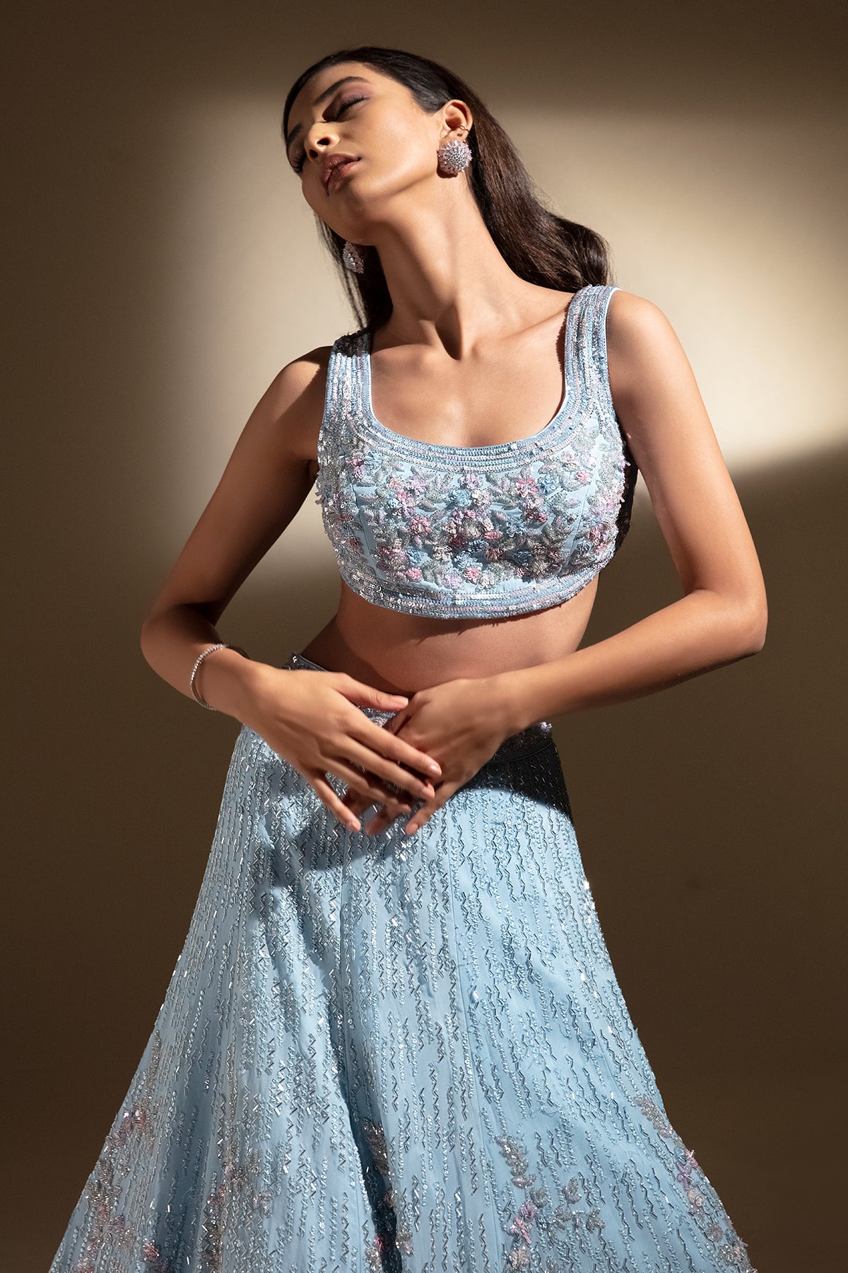 Panihari--Sky Blue Hand Embroidered Lehenga Set
