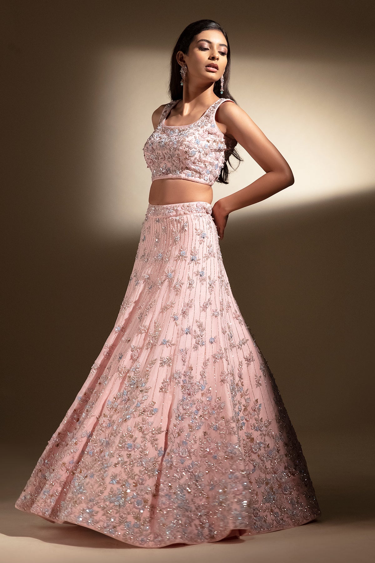 Panihari-Baby Pink Hand Embroidered Lehenga Set
