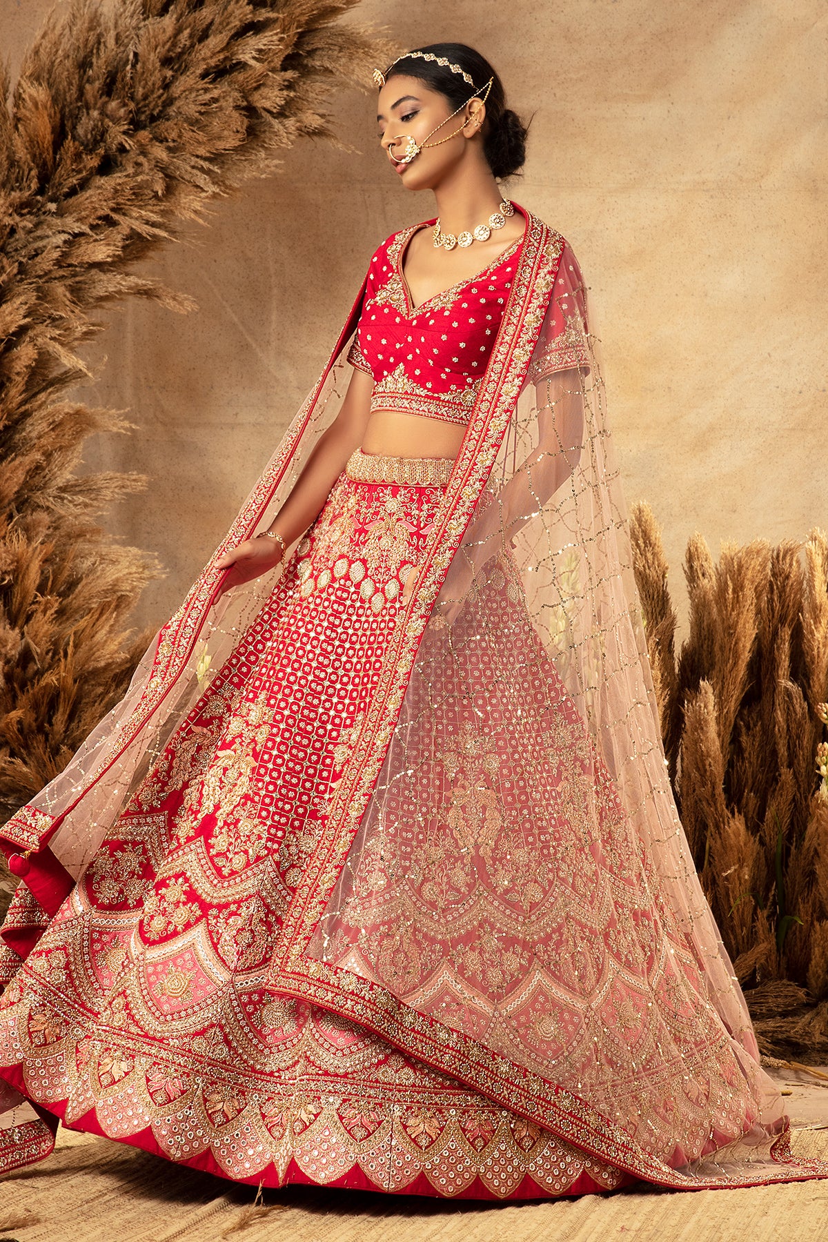Panihari-Blood-Red Bridal Lehenga in Raw Silk With Hand Embroidery