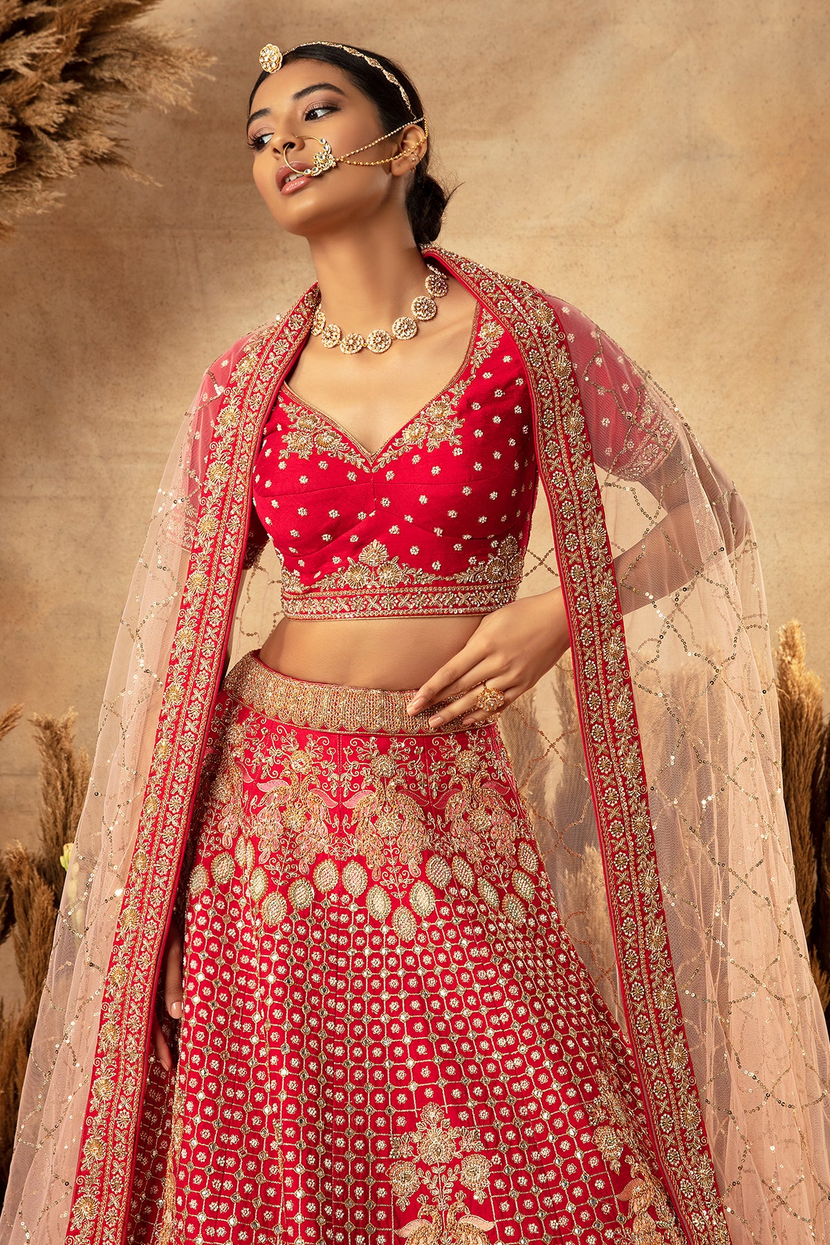 Panihari-Blood Red Bridal Lehenga in Raw Silk With Hand-Embroidery