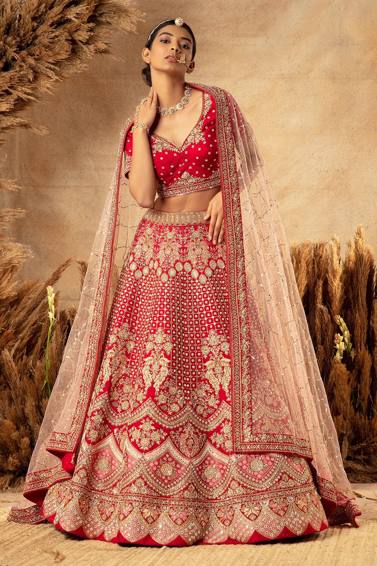 Panihari-Blood Red Bridal Lehenga in Raw Silk With Hand Embroidery