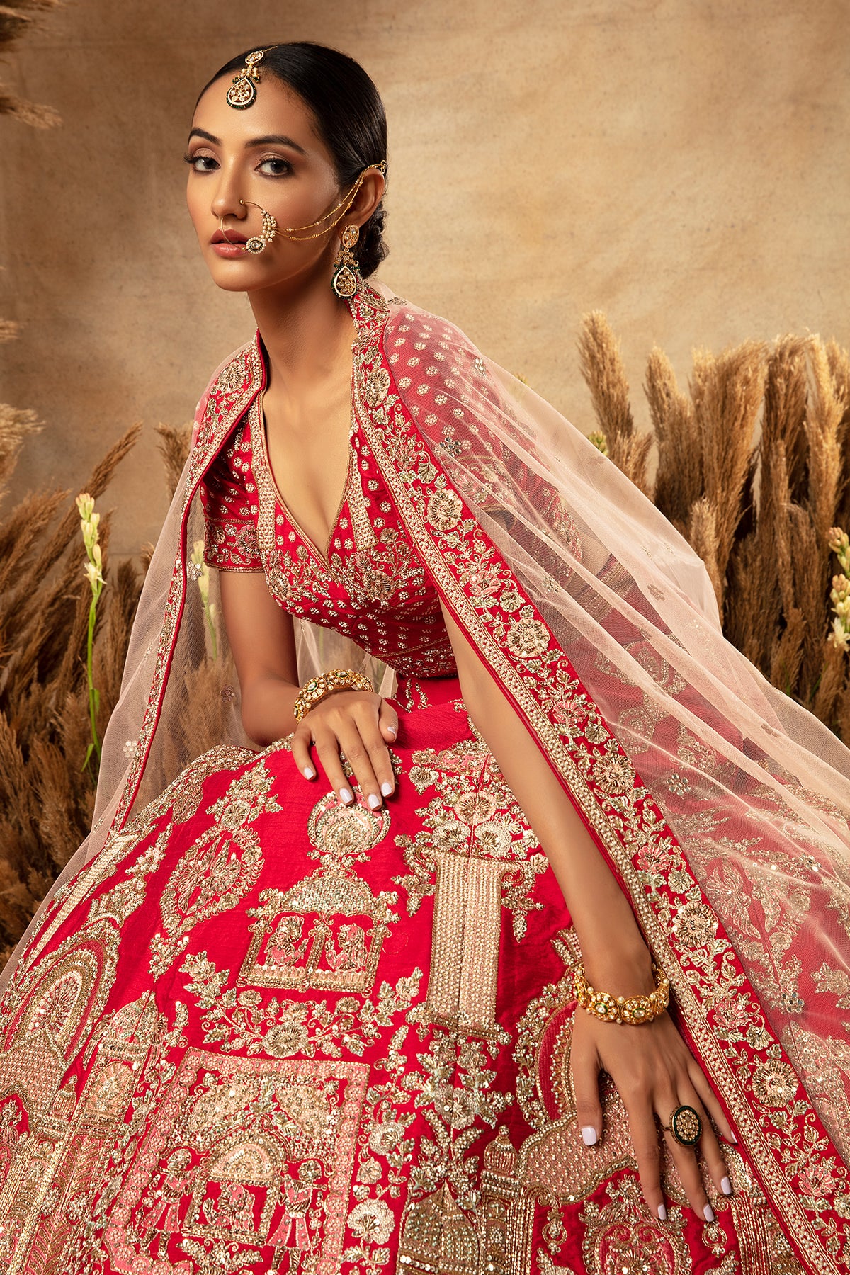 Panihari-Blood Red Hand Embroidered Bridal Lehenga Set in Raw Silk
