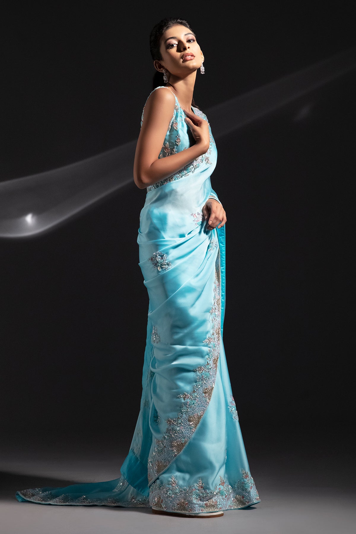 Panihari-Bright Aqua Blue Blue Saree With Hand Work