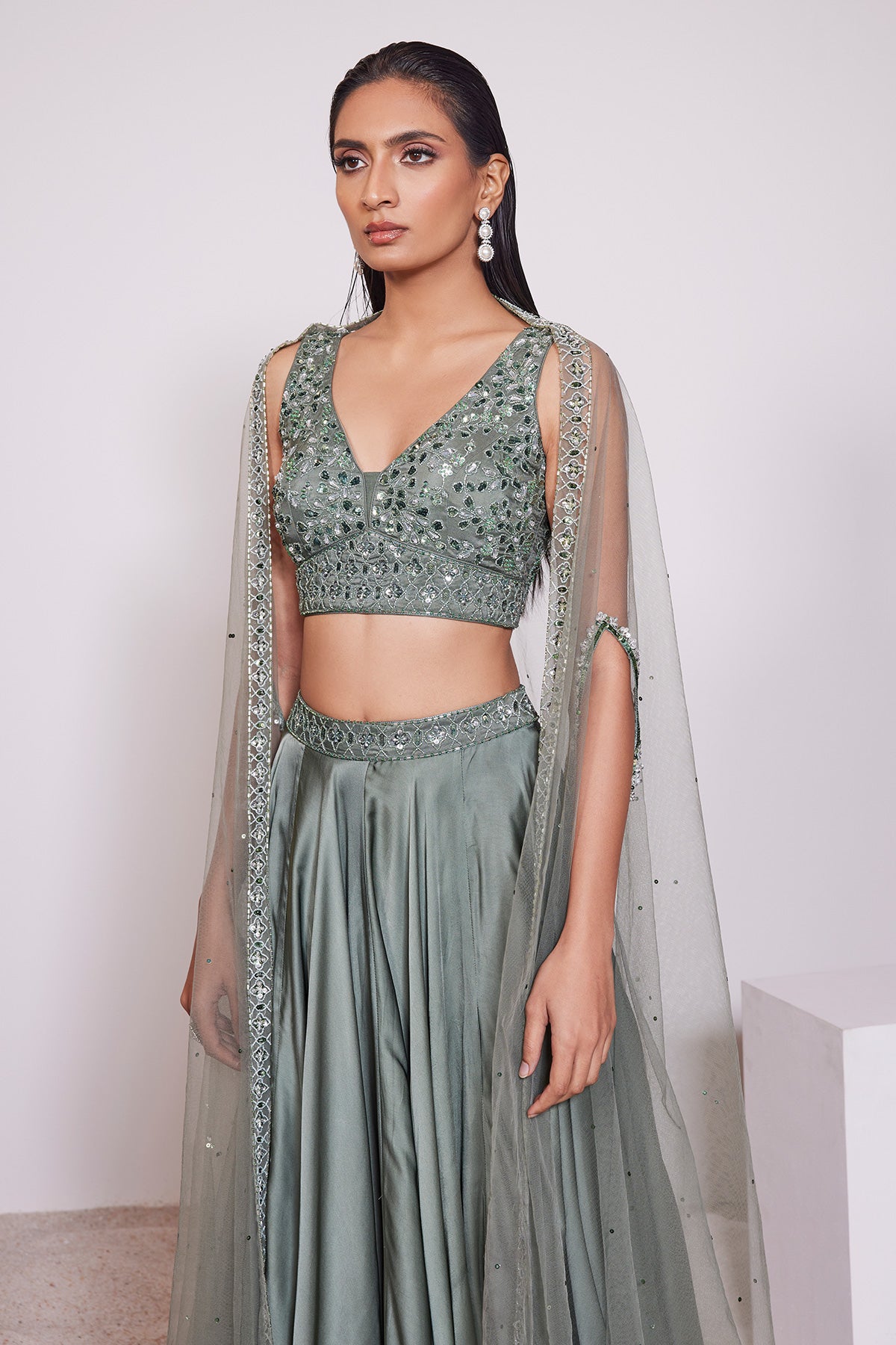 Panihari-Camping-Green-Skirt With Embroidered Blouse and a Cape