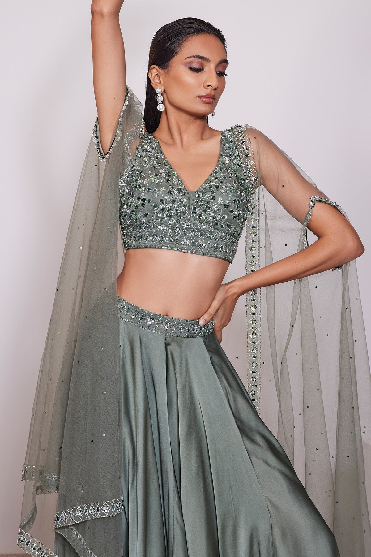 Panihari-Camping Green Skirt With-Embroidered Blouse and a Cape