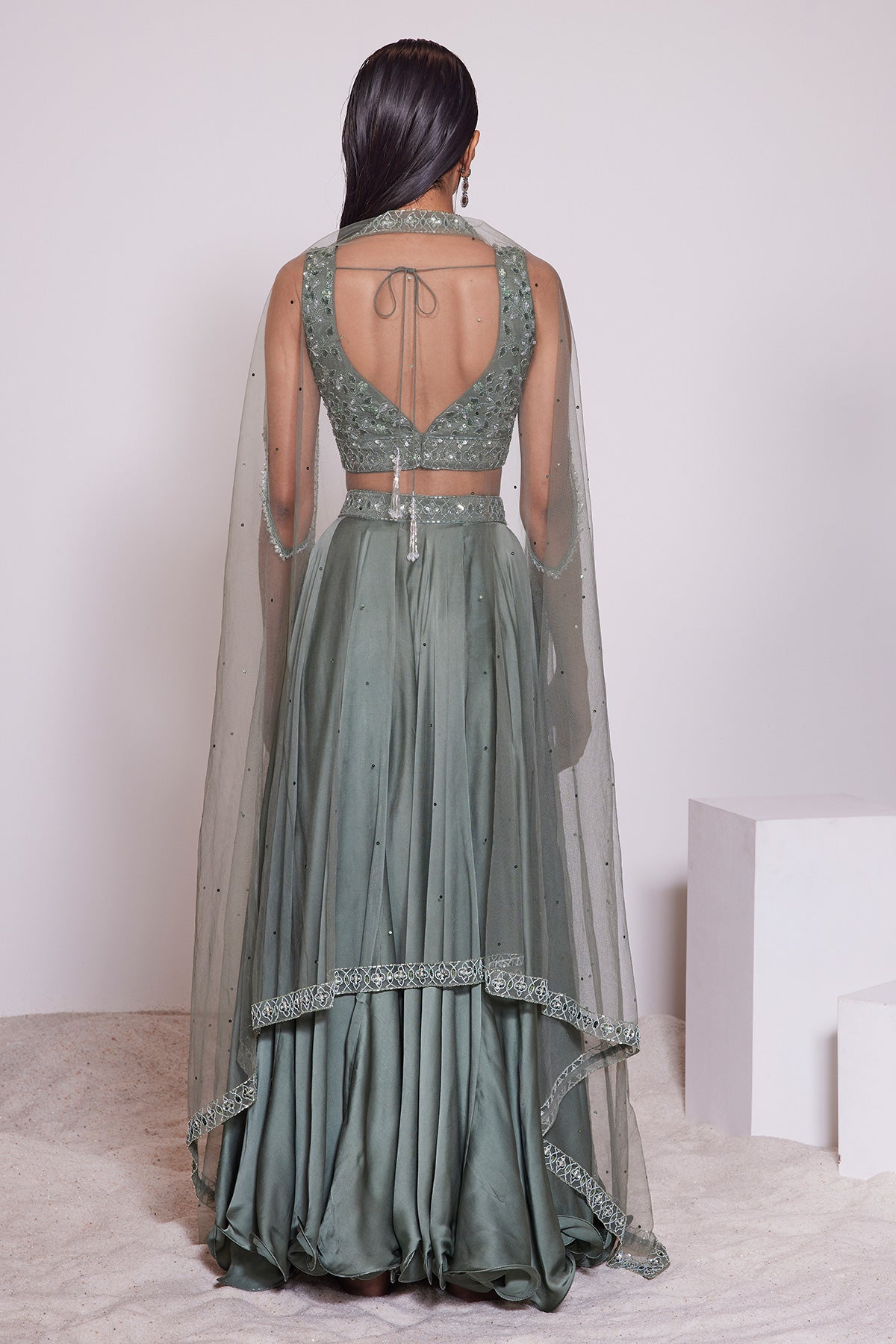 Panihari-Camping Green Skirt With Embroidered Blouse and a-Cape