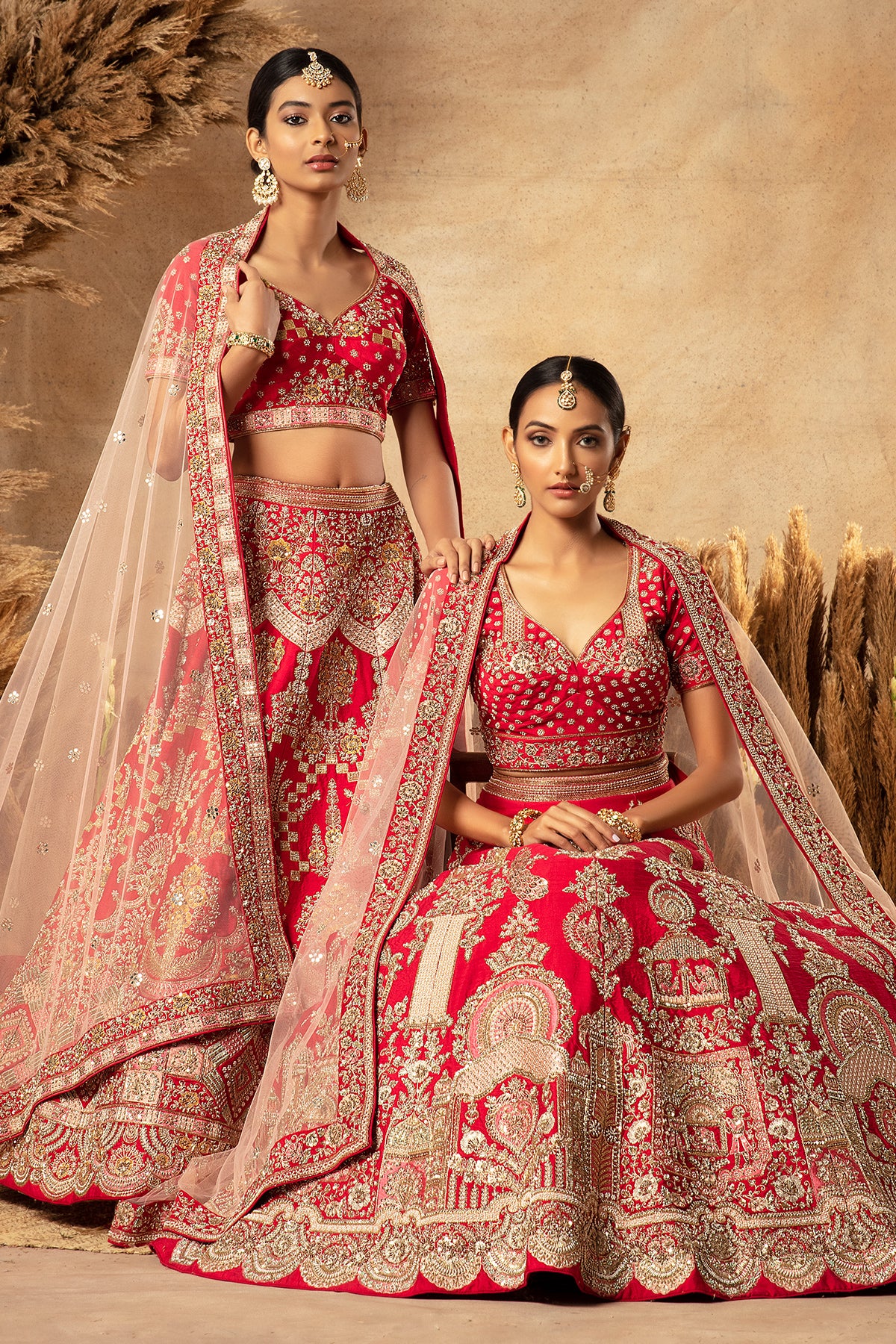 Panihari-Cherry Red Hand Embroidered Bridal Lehenga Set in Raw-Silk