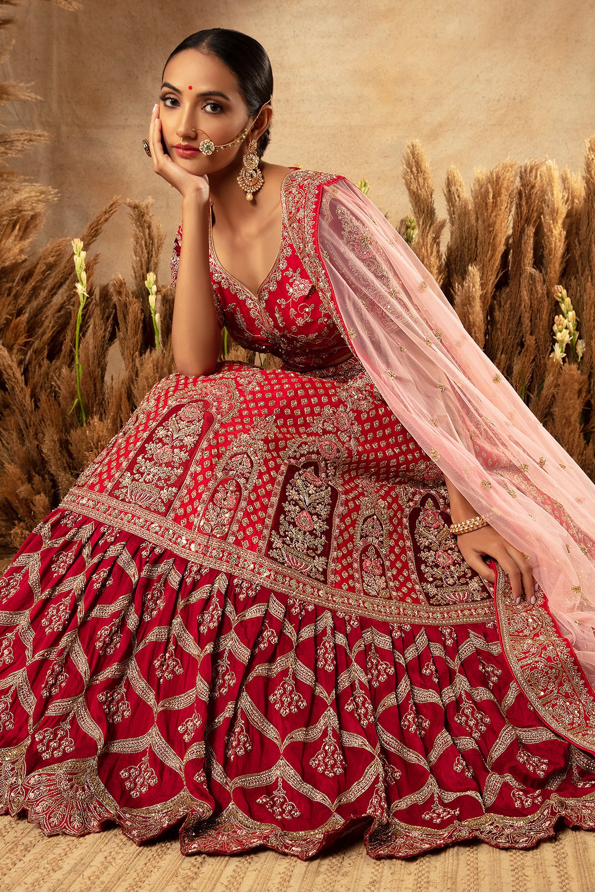 Panihari-Cherry Red and Maroon Embroidered Rajwadi Bridal Lehenga Set in Raw Silk