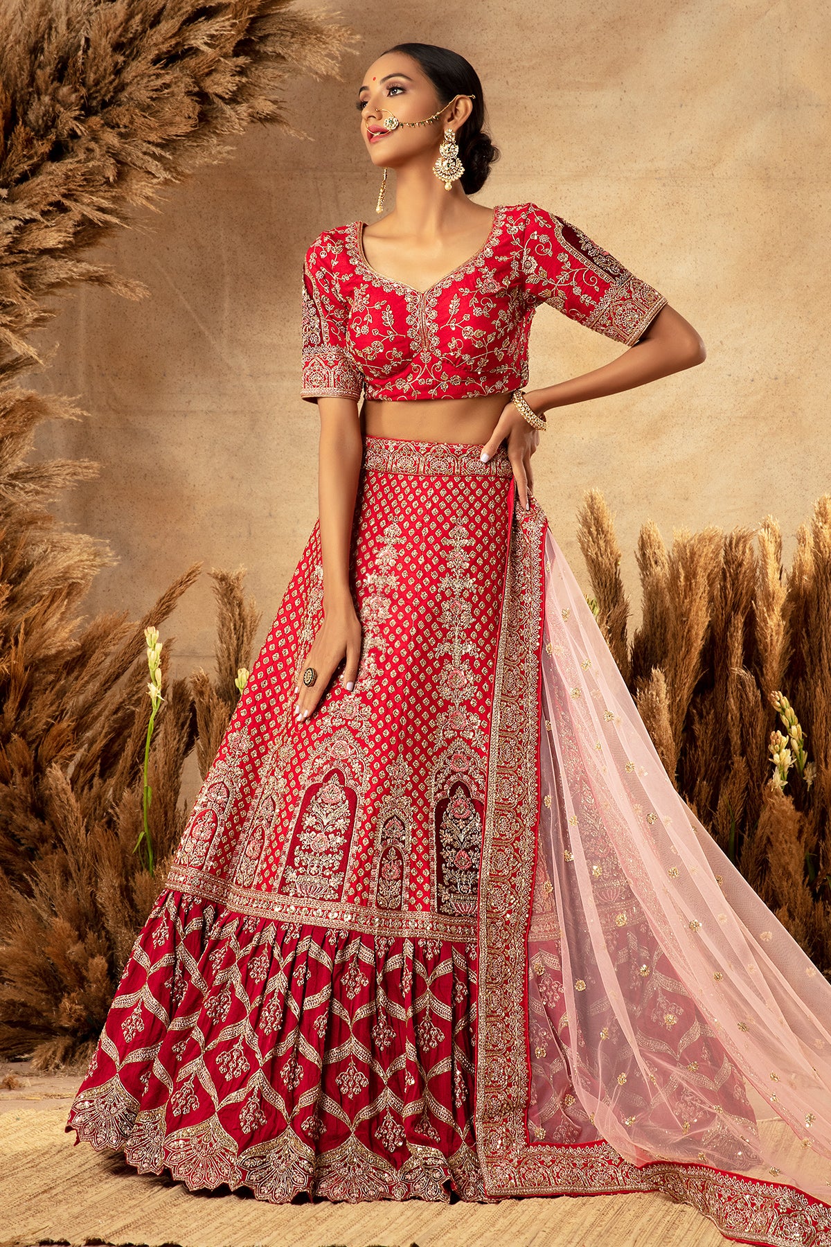 Panihari-Cherry Red and Maroon Embroidered Rajwadi Bridal Lehenga Set in Raw Silk