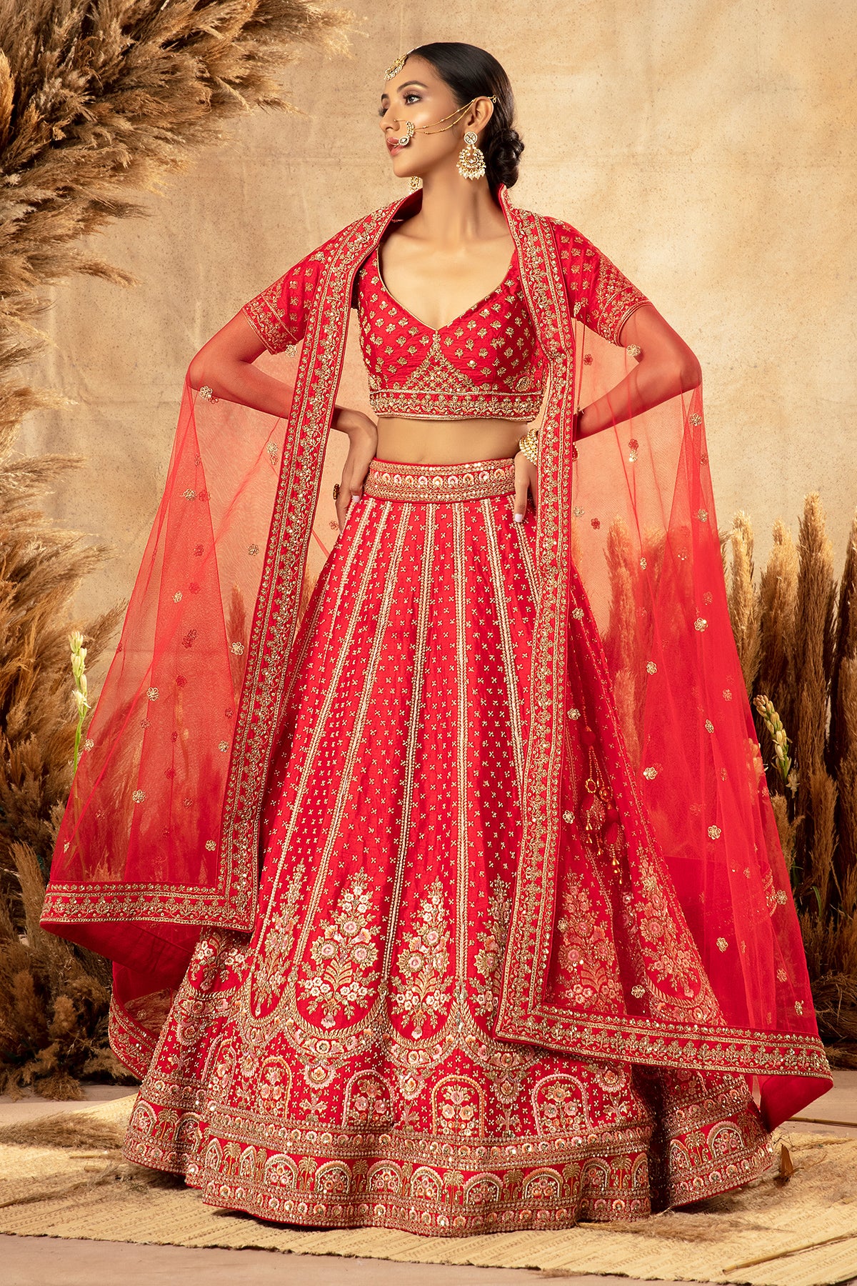 Panihari-Chilly-Red Embroidered Bridal Lehenga Set in Raw Silk
