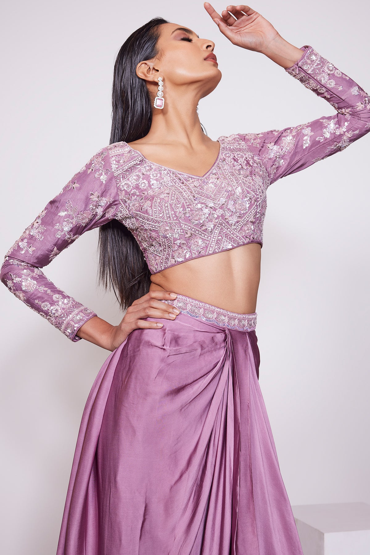Panihari-Dark-Mauve Embroidered Draped Skirt and Full Sleeve V-neck Blouse in Satin Crepe