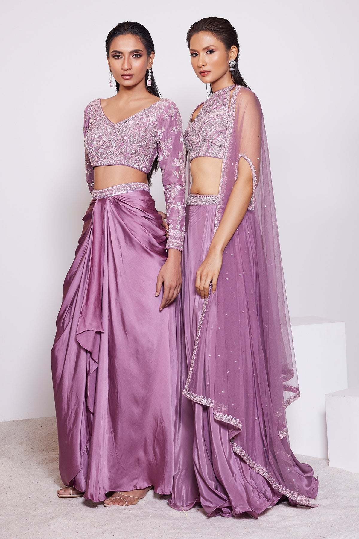 Panihari-Dark Mauve-Embroidered-Draped Skirt and Full Sleeve V-neck Blouse in Satin Crepe