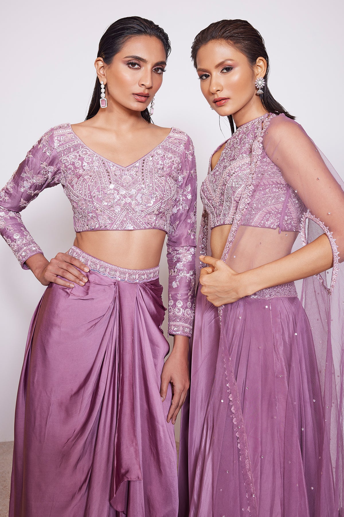 Panihari-Dark Mauve-Embroidered Draped Skirt and Full Sleeve V-neck-Blouse in Satin Crepe