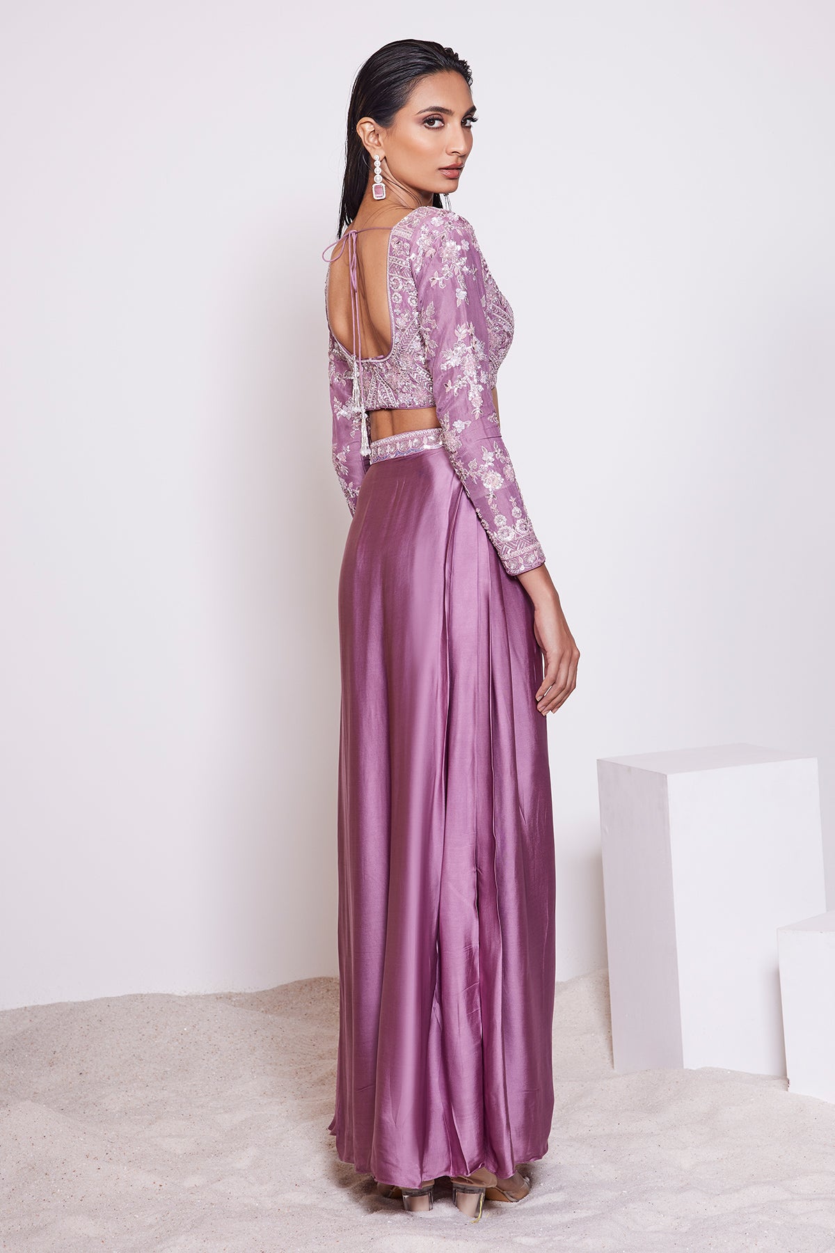 Panihari-Dark Mauve-Embroidered Draped Skirt and Full Sleeve V-neck Blouse in Satin Crepe