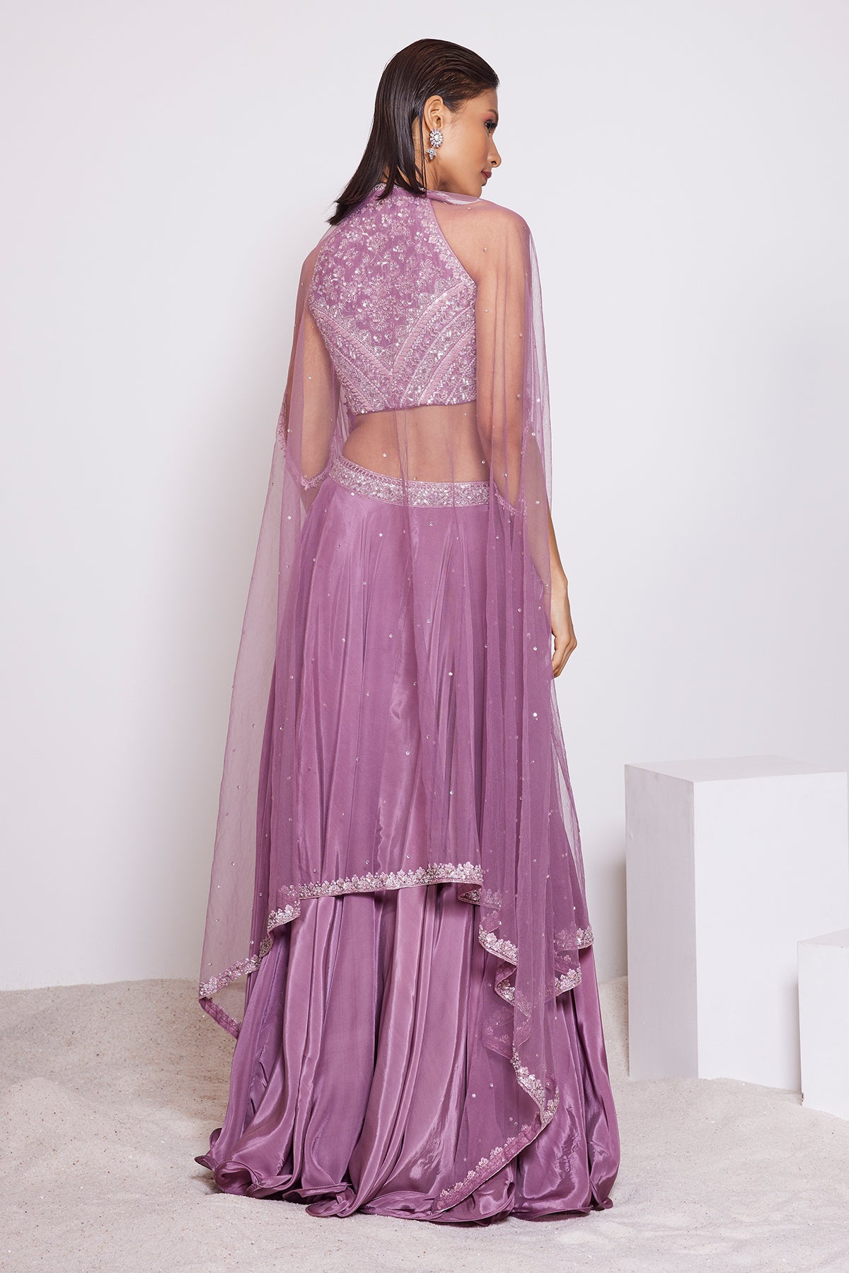 Panihari-Dark Mauve Skirt and-Hand Embroidered Halter Neck Top Along With a Cape