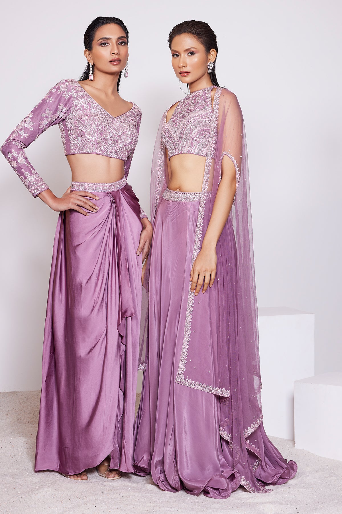 Panihari-Dark Mauve Skirt and Hand Embroidered Halter Neck Top Along With a Cape