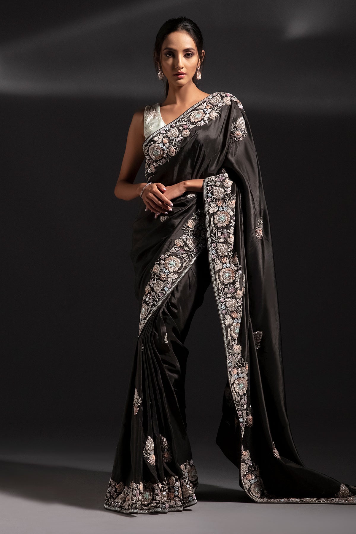 Panihari-Dark Mehendi Green Saree With Hand Embroidery and a Contrasting Blouse