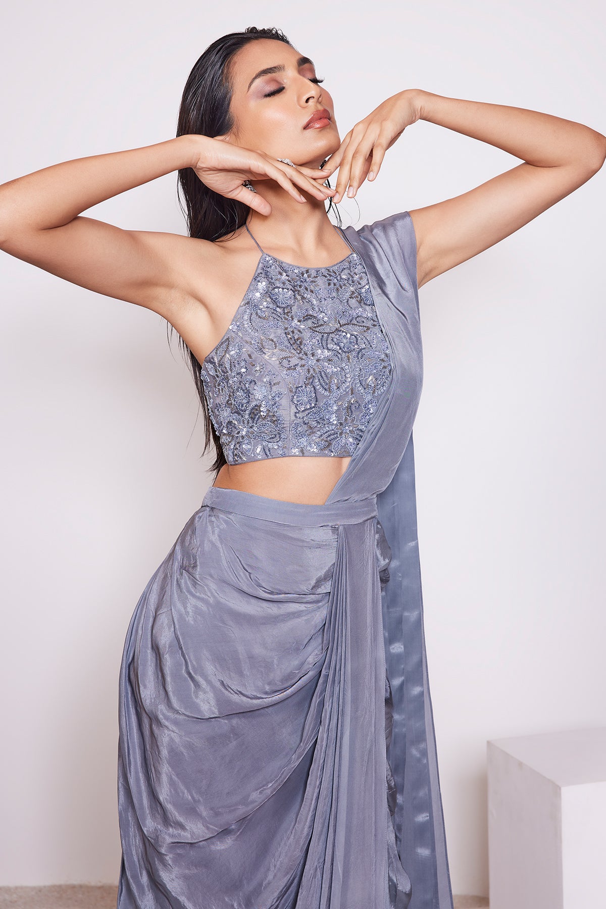 Panihari-Dark Steel Grey Embroidered Pre- Draped Saree and-Halter Neck Top in Crepe