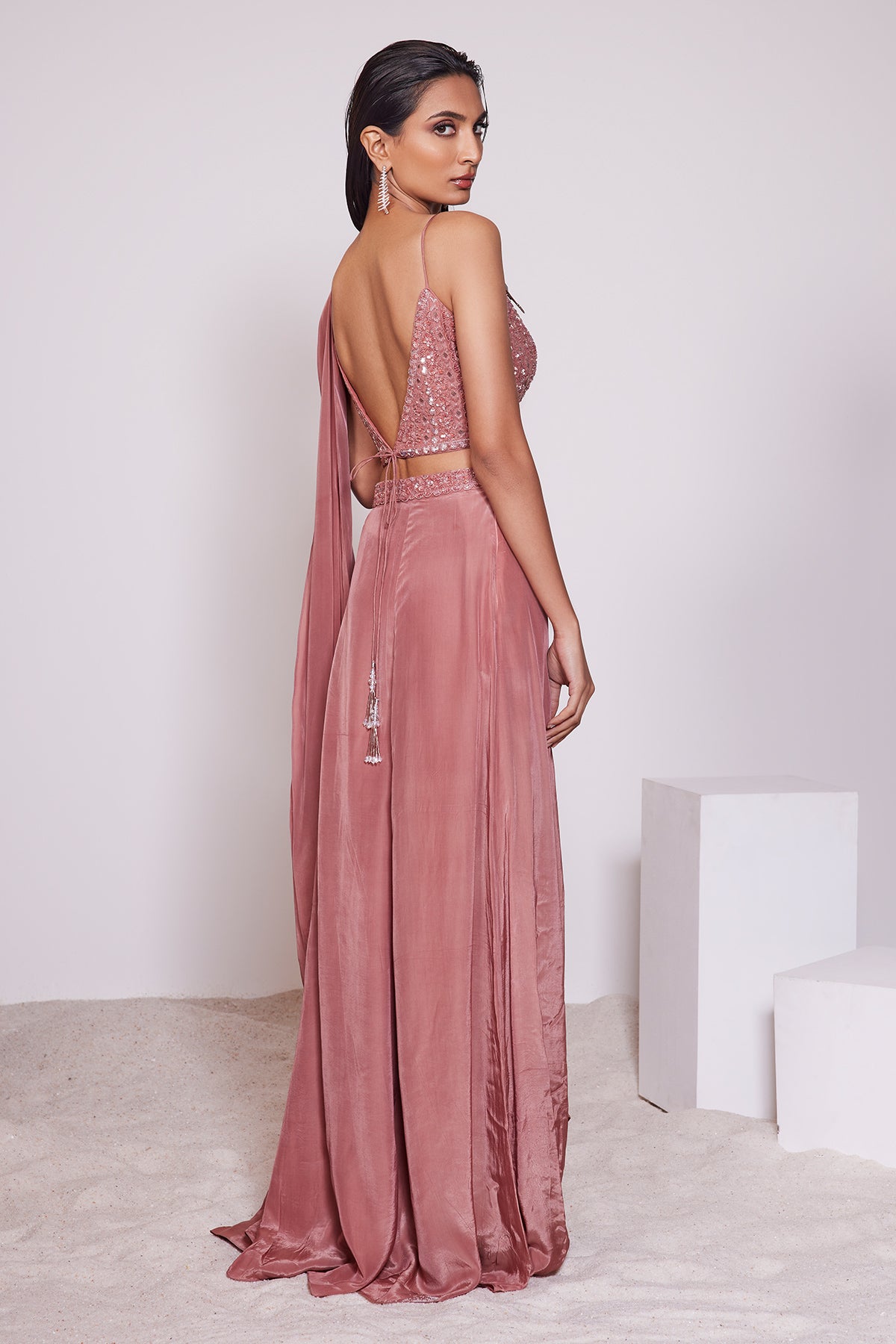 Panihari-Dusty Redwood Pre-draped Saree in Crepe and Hand Embroidered-Blouse