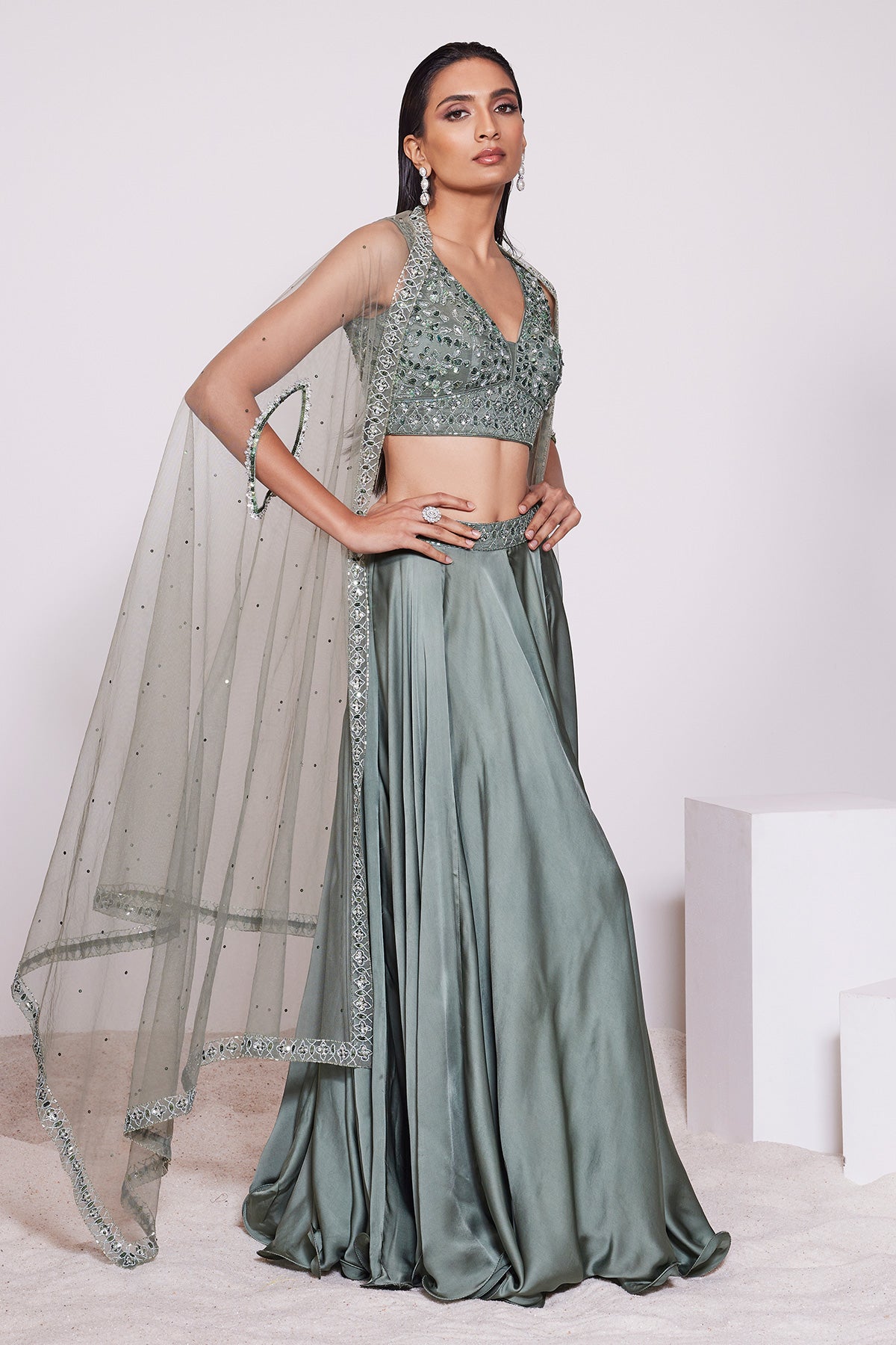 Panihari-Featuring a Camping Green Circular Skirt in Satin Crepe
