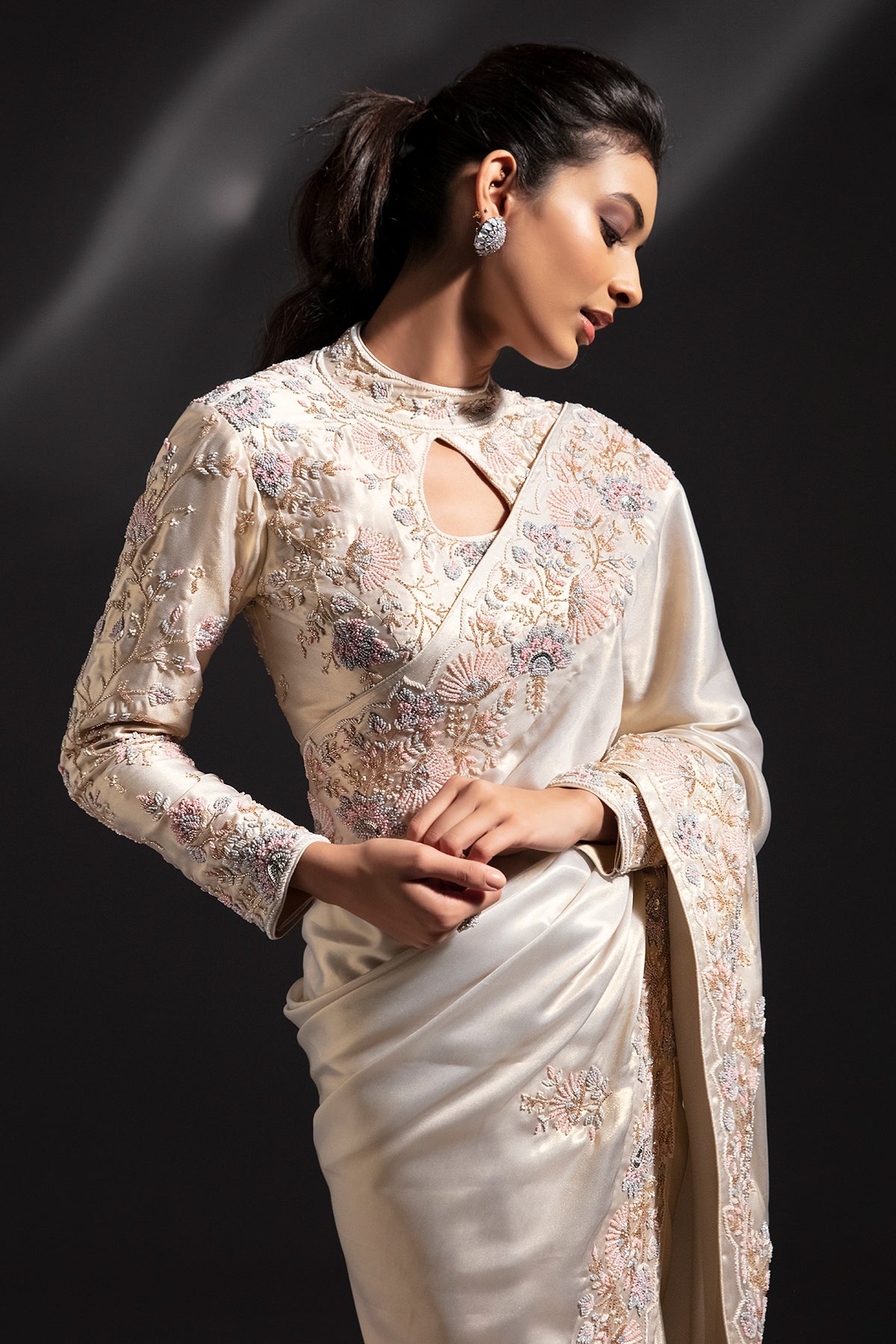 Panihari-Ivory Gold Saree With Hand Work