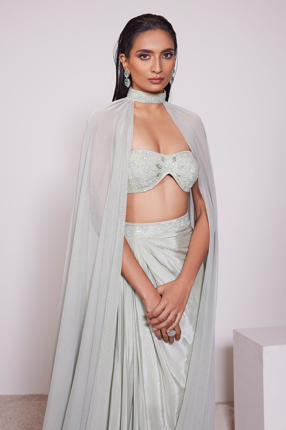 Panihari-Light Pista Draped Skirt With Embroidered Tube Top and a Choker Dupatta