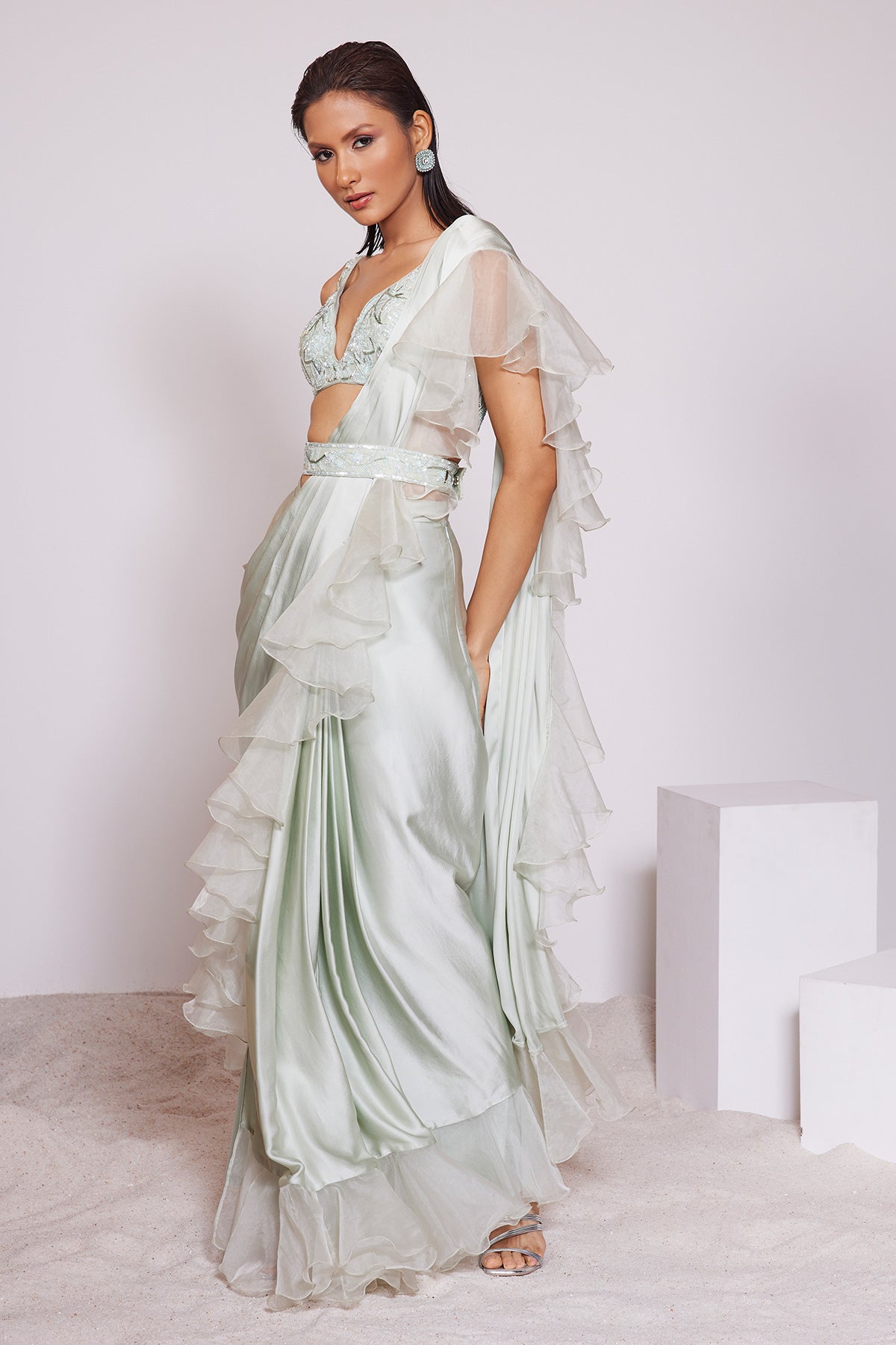 Panihari-Light-Pista Pre-Draped Ruffle Saree With Embroidered Blouse and Belt