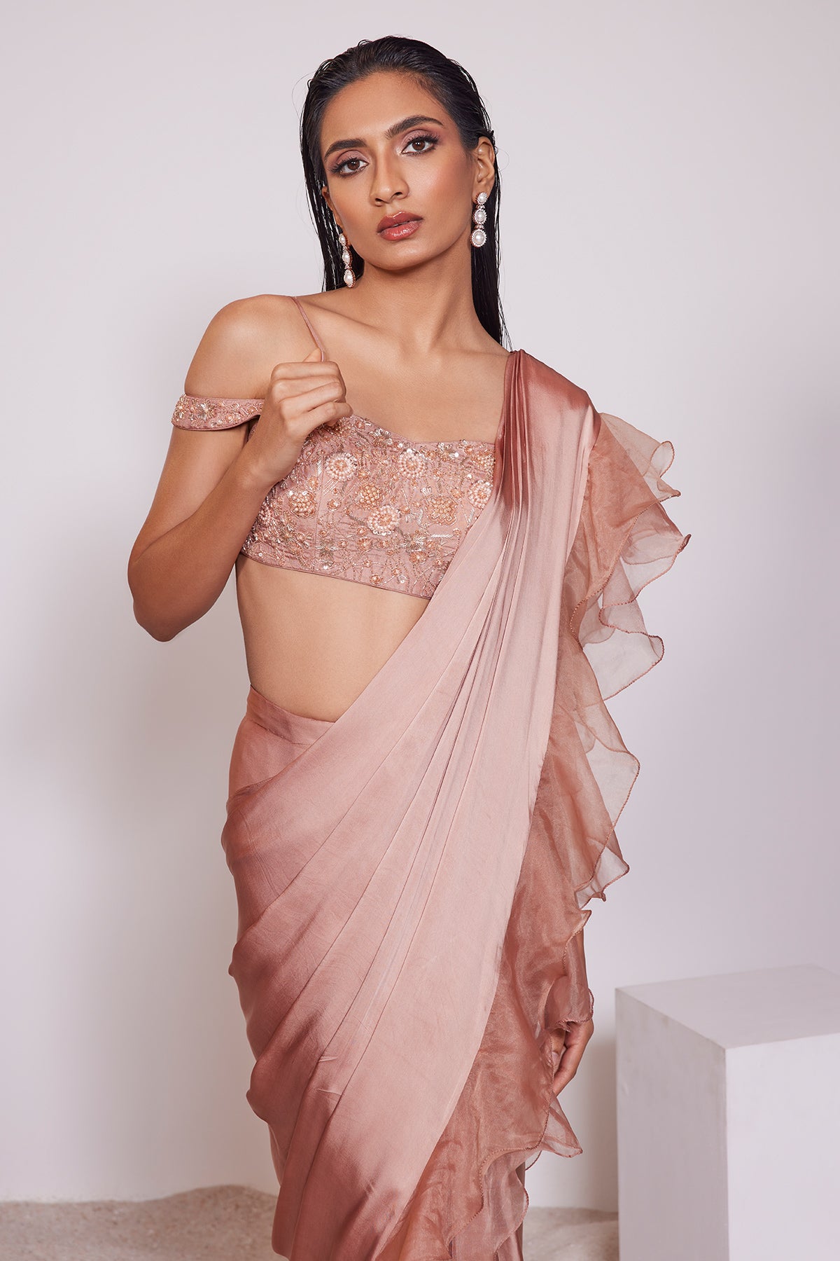 Panihari-Light Copper Pre-draped Ruffle-Saree With Hand Embroidered Off Shoulder Blouse
