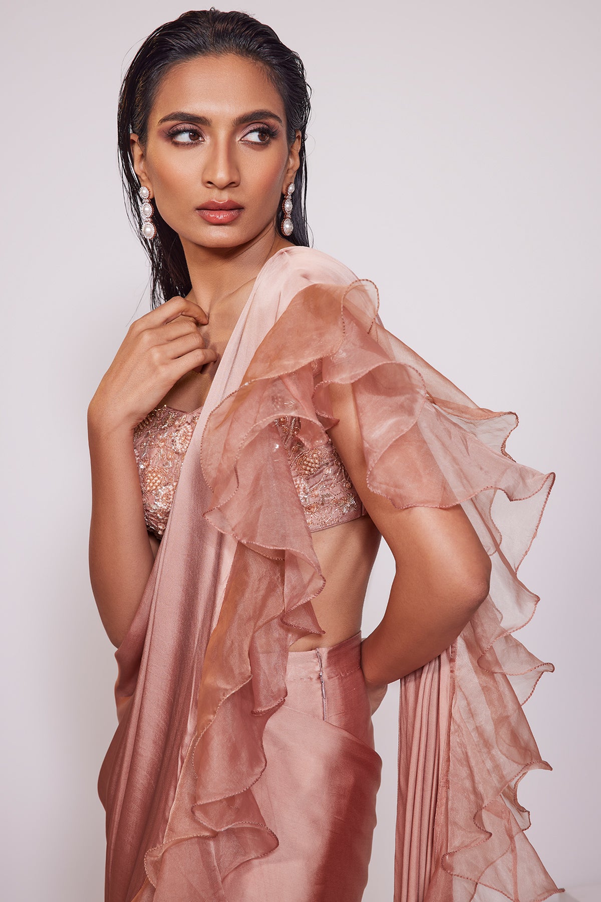 Panihari-Light Copper Pre-draped Ruffle Saree With Hand Embroidered Off Shoulder-Blouse