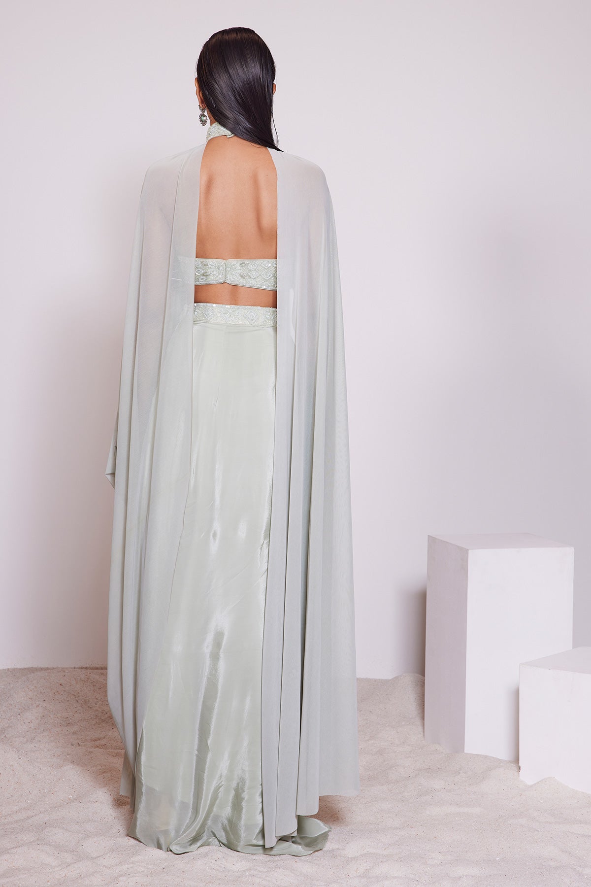 Panihari-Light Pista Draped Skirt With Embroidered Tube Top and a Choker-Dupatta