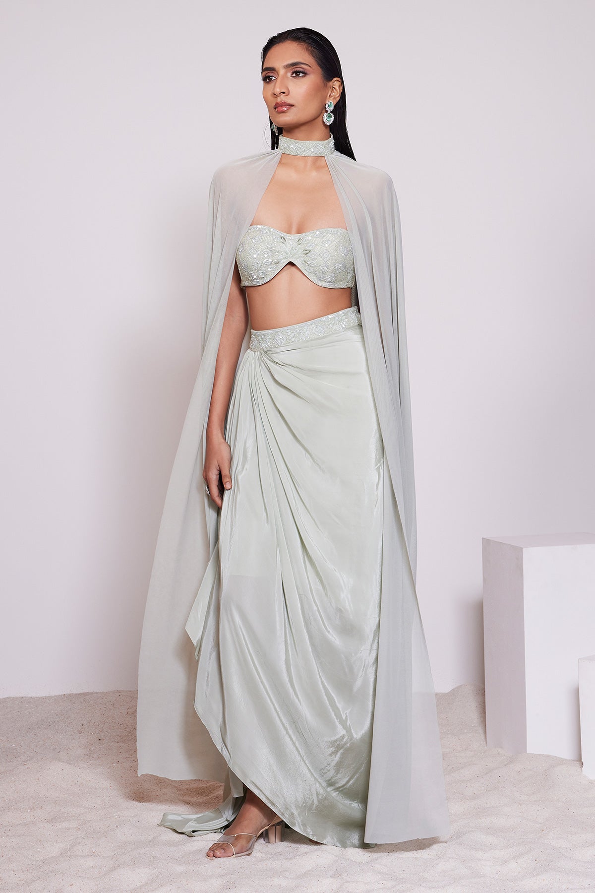 Panihari-Light Pista Draped Skirt With Embroidered Tube Top and a Choker Dupatta
