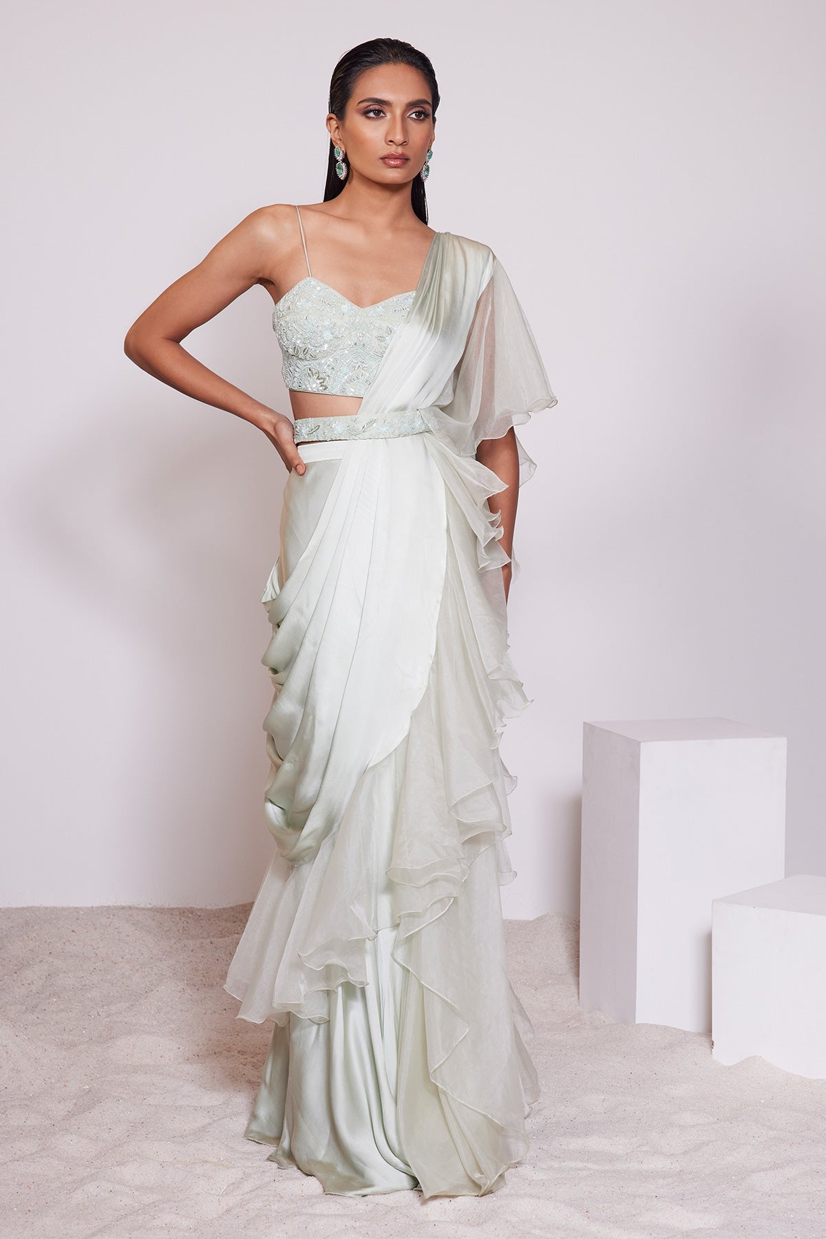 Panihari Light Pista Pre-draped Ruffle Saree With Embroidered Blouse and Belt