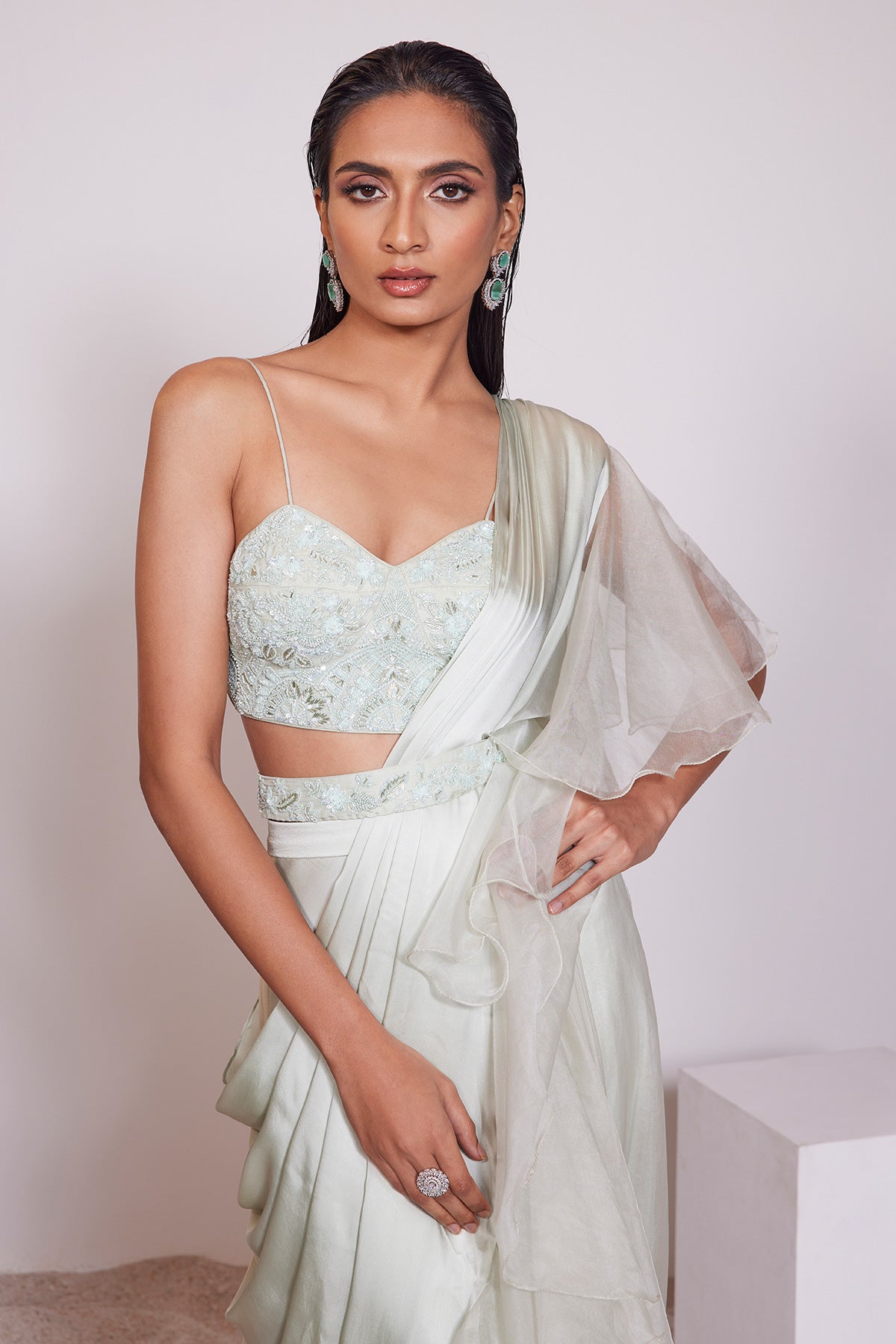 Panihari-Light Pista Pre-draped Ruffle Saree With Embroidered Blouse and Belt