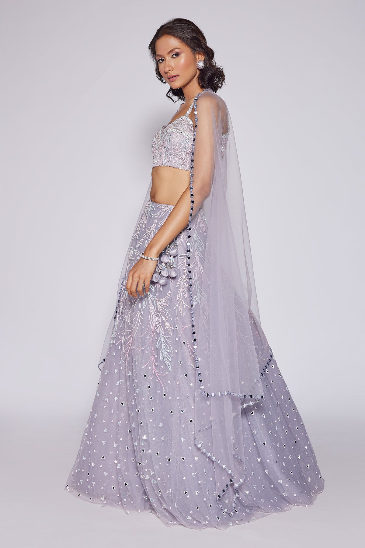 Panihari-Misty Lilac Embroidered Lehenga Set in Net