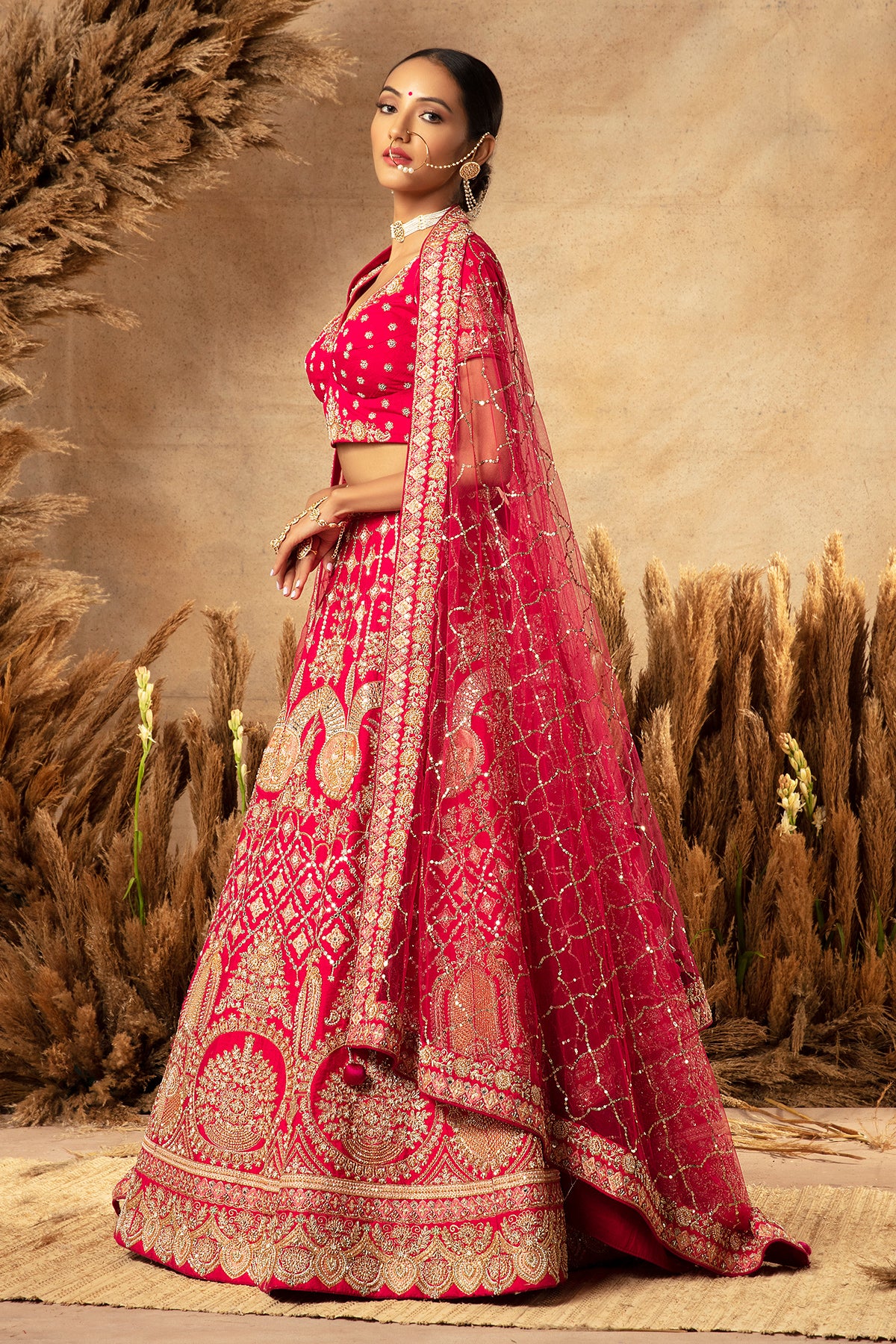 Panihari-Pink Bridal Lehenga in Raw Silk With Hand Embroidery
