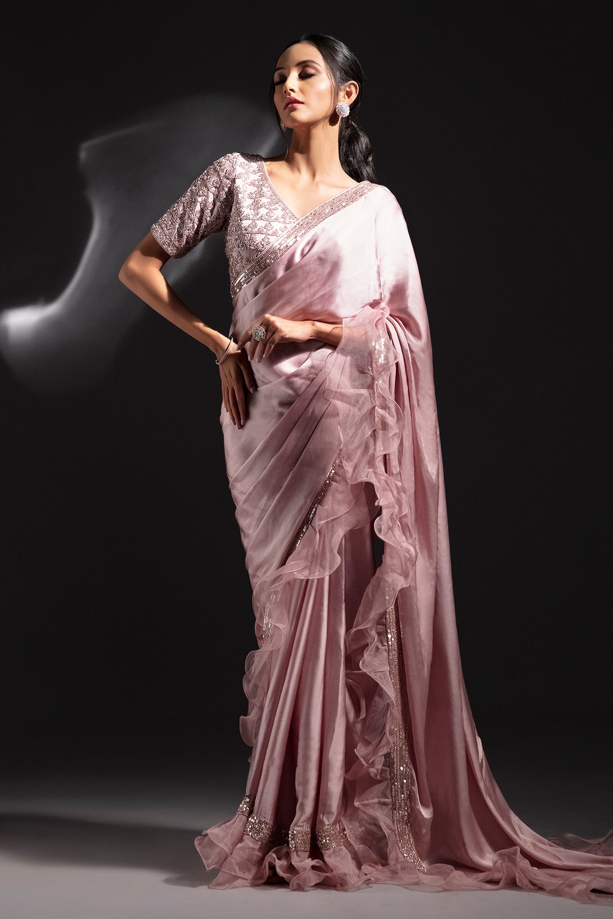 Panihari-Primrose Pink Saree With Hand Work and Ruffle Organza Border