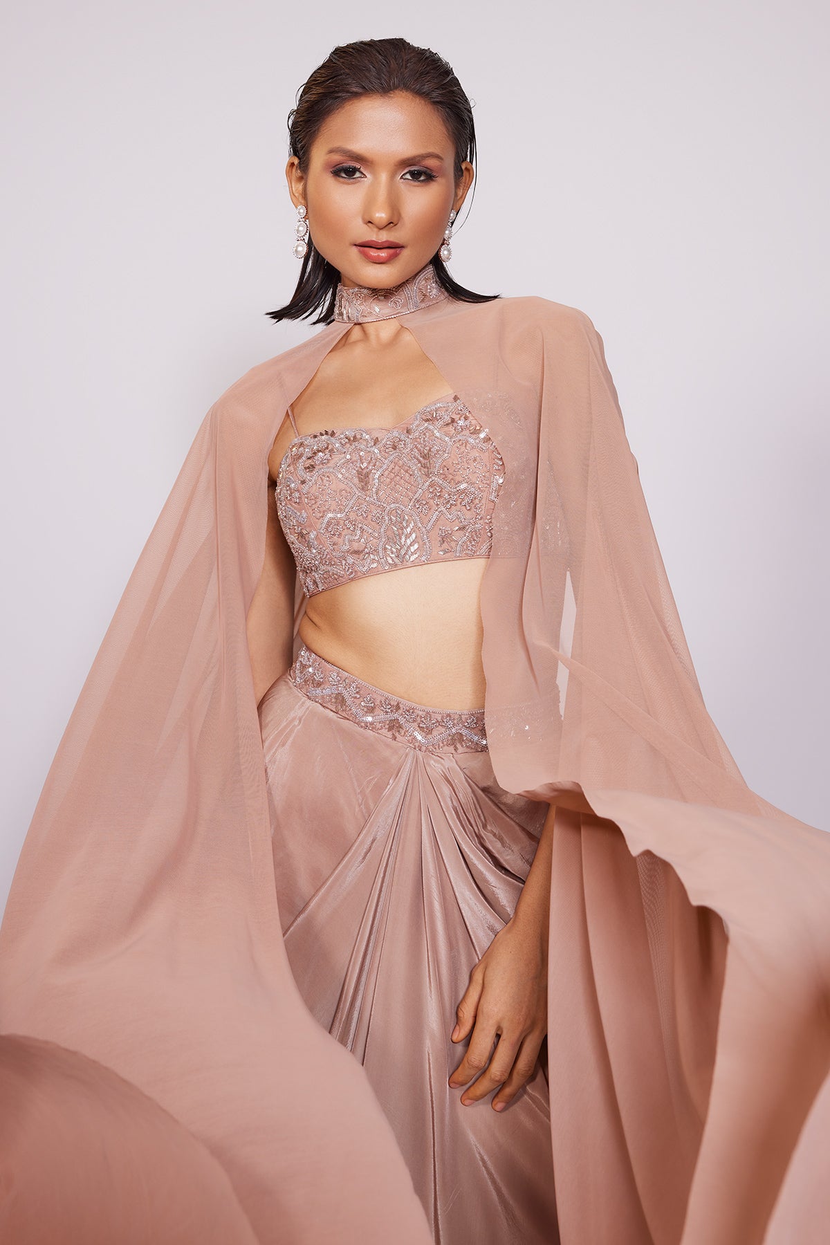 Panihari-Sandstone Brown Draped Skirt With Embroidered Blouse and Choker Dupatta