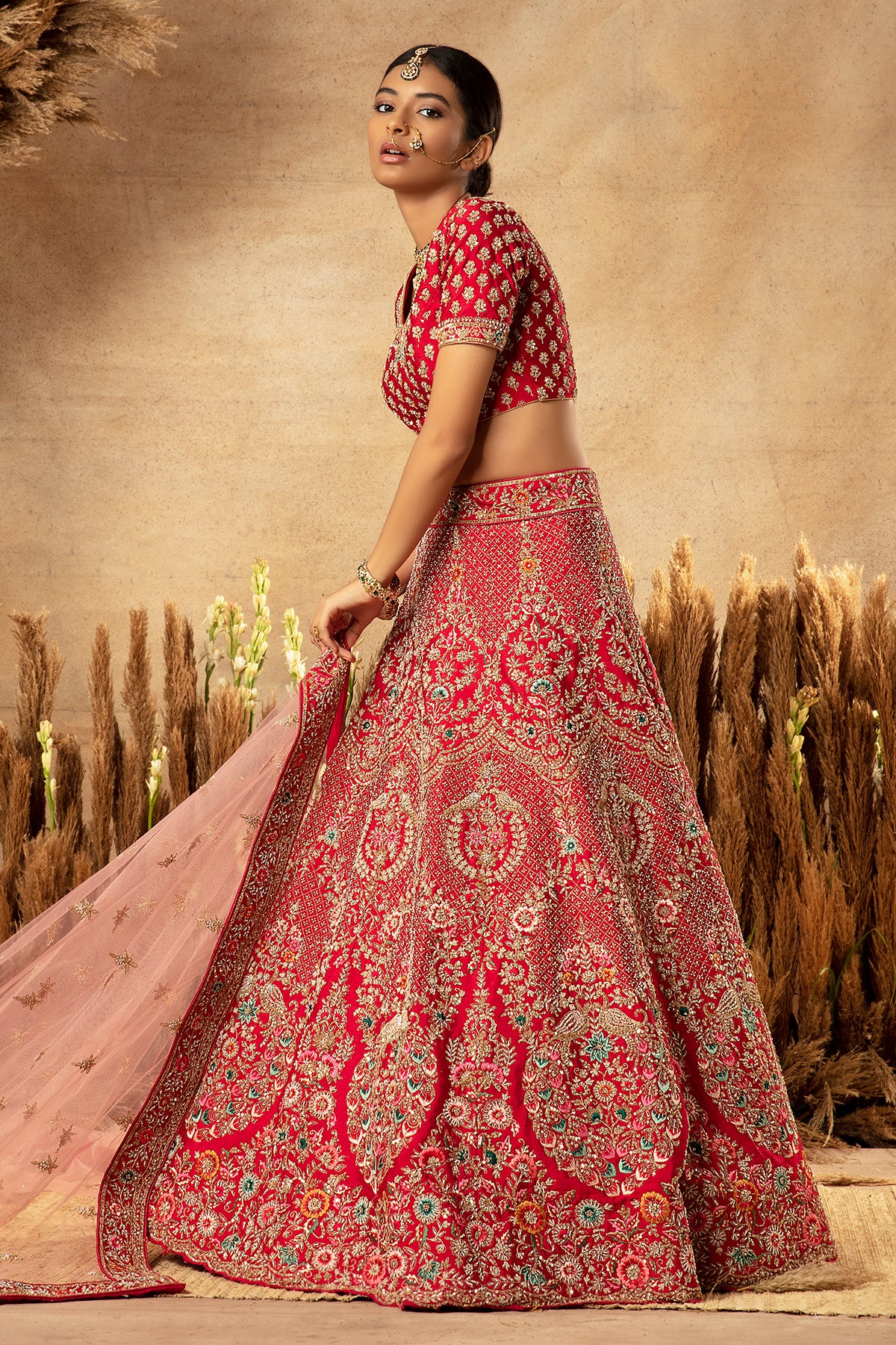 Panihari-Scarlet Red Hand Embroidered Bridal Lehenga in Raw-Silk