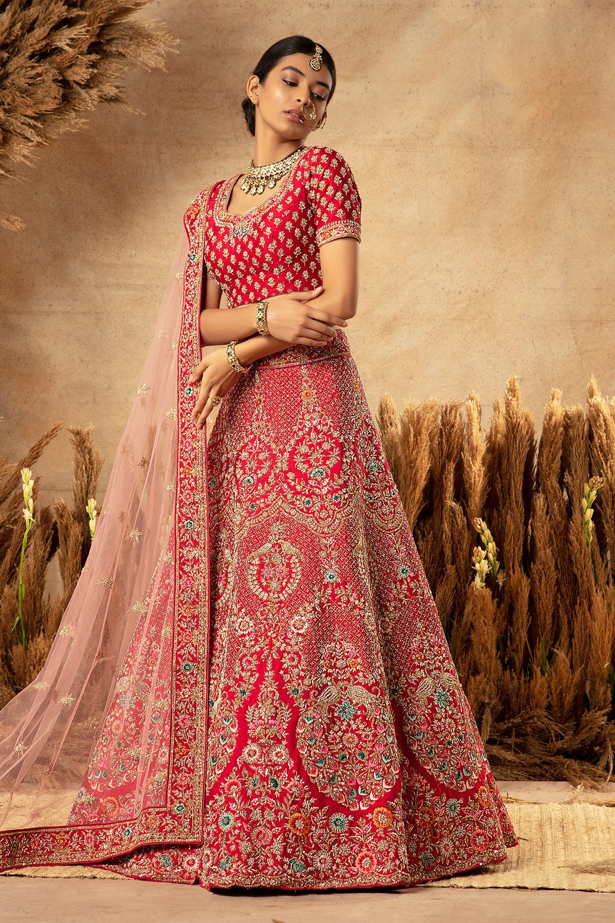 Panihari-Scarlet Red Hand Embroidered Bridal Lehenga in Raw Silk