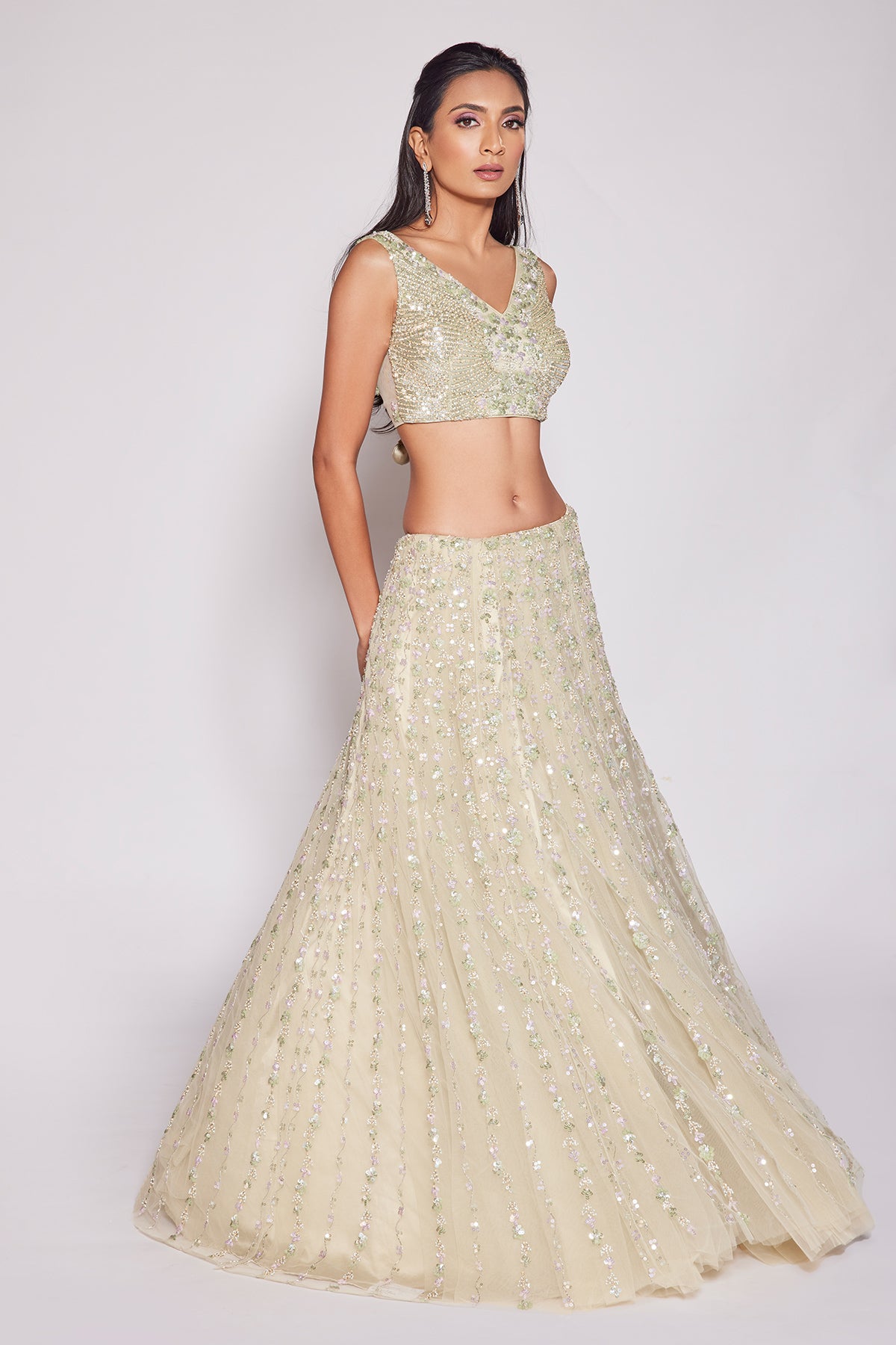 Panihari-Seafoam Green Embroidered Lehenga Set in Net