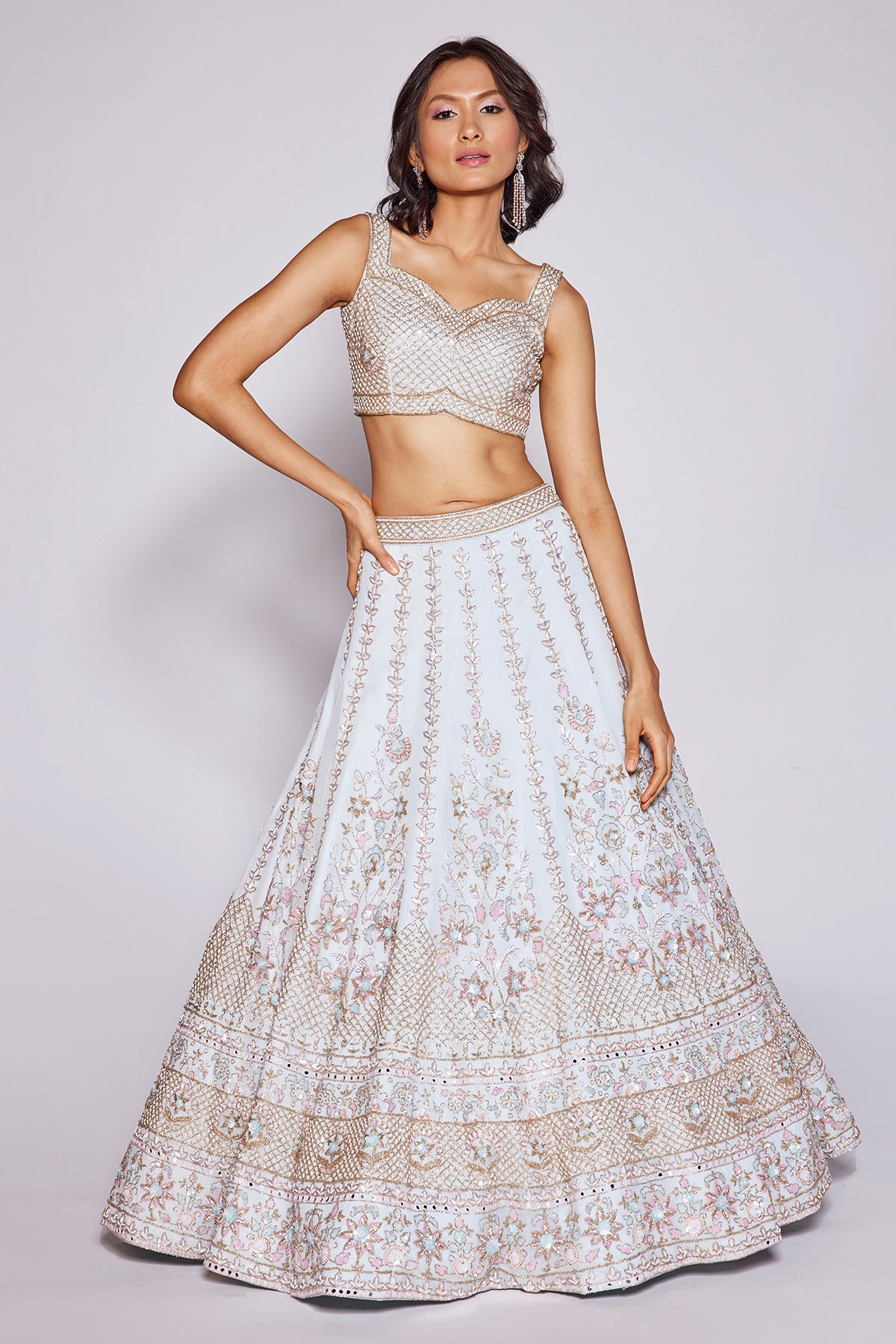 Panihari-Sky Blue Embroidered Lehenga Set in Organza