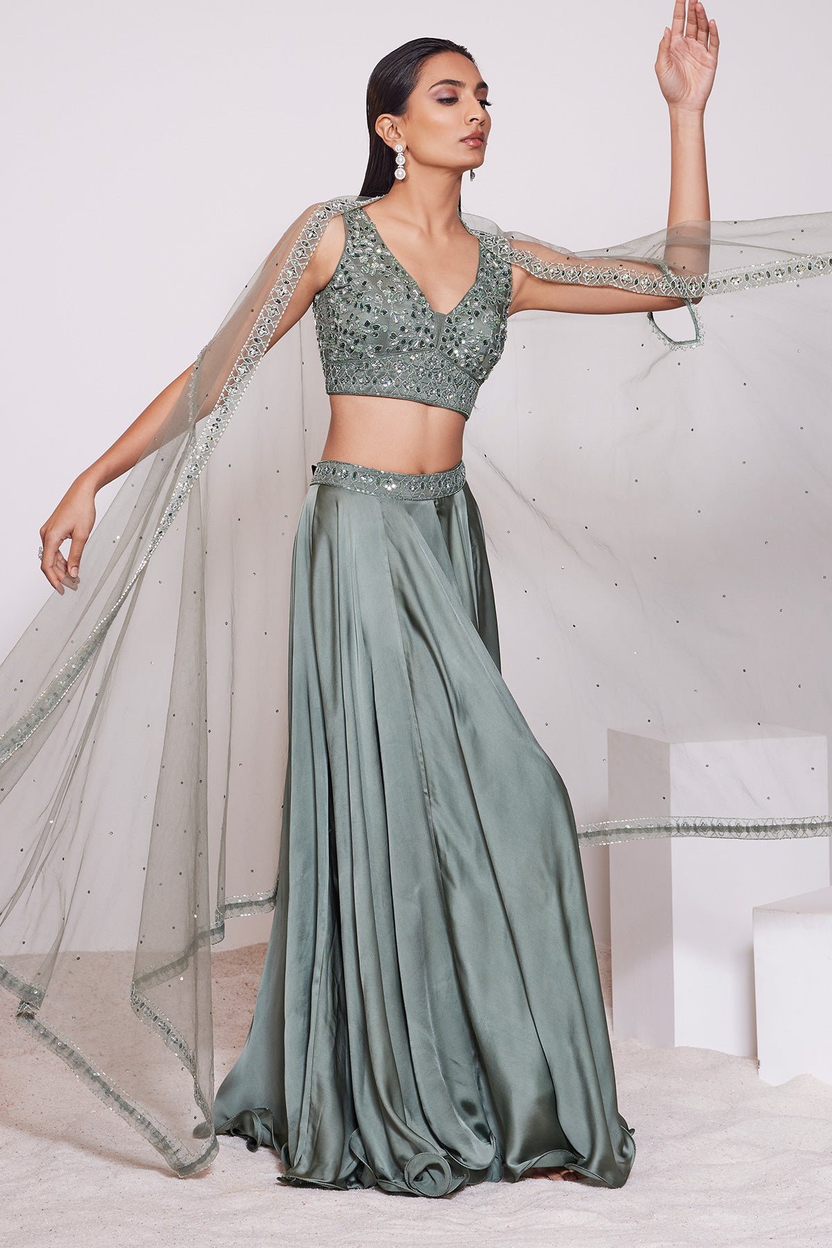 Panihari- Camping Green Skirt With Embroidered Blouse and a Cape