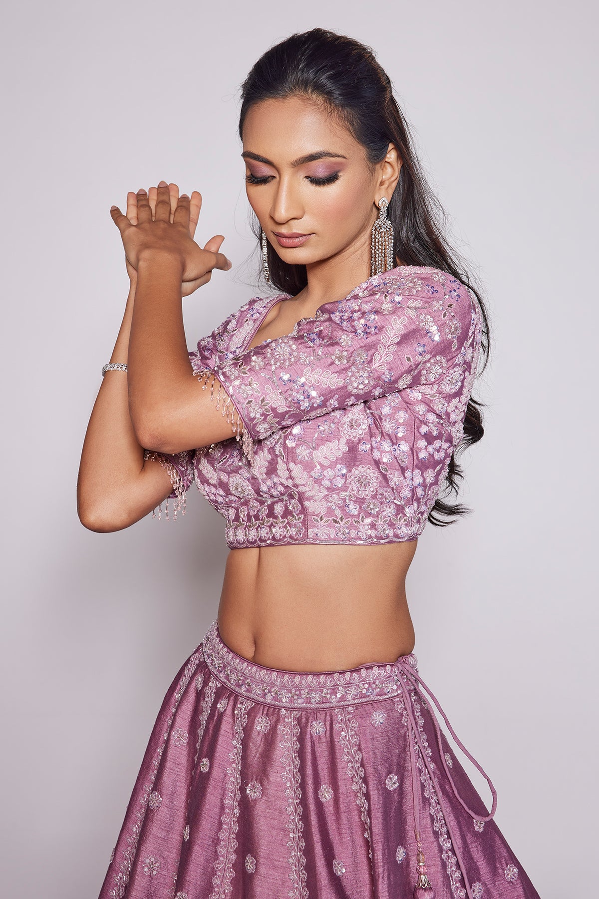 Wistful Mauve Embroidered Lehenga Set in Raw Silk