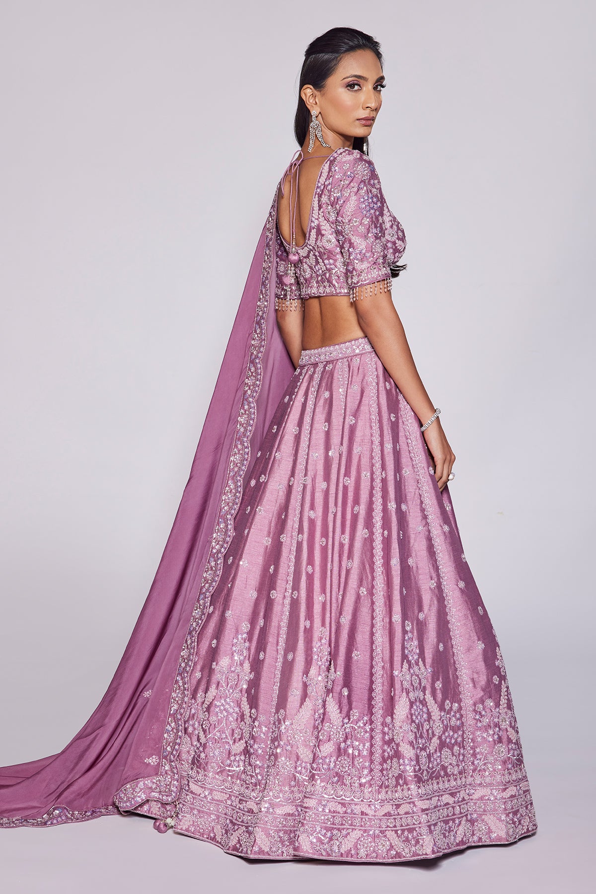 Wistful Mauve Embroidered Lehenga Set in Raw Silk