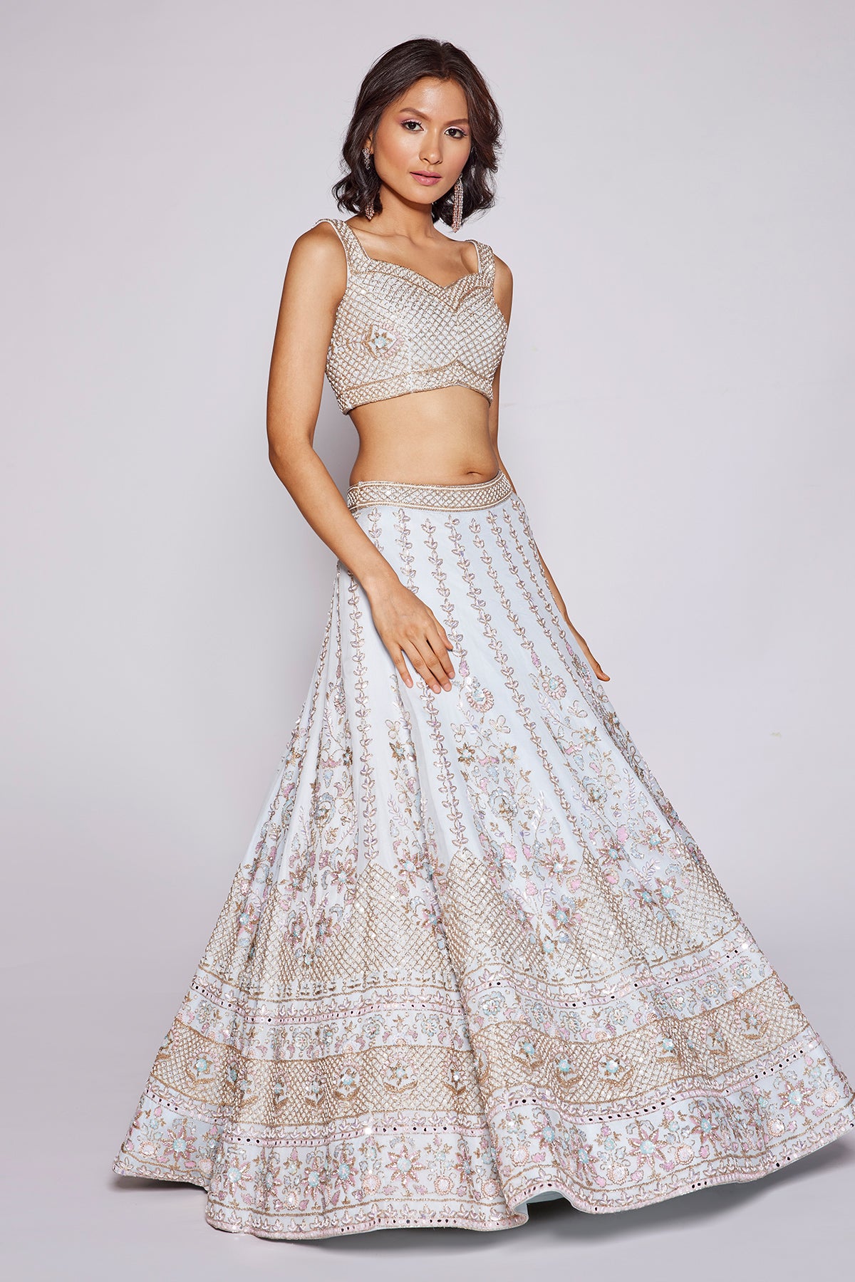 Sky Blue Embroidered Lehenga Set in Organza